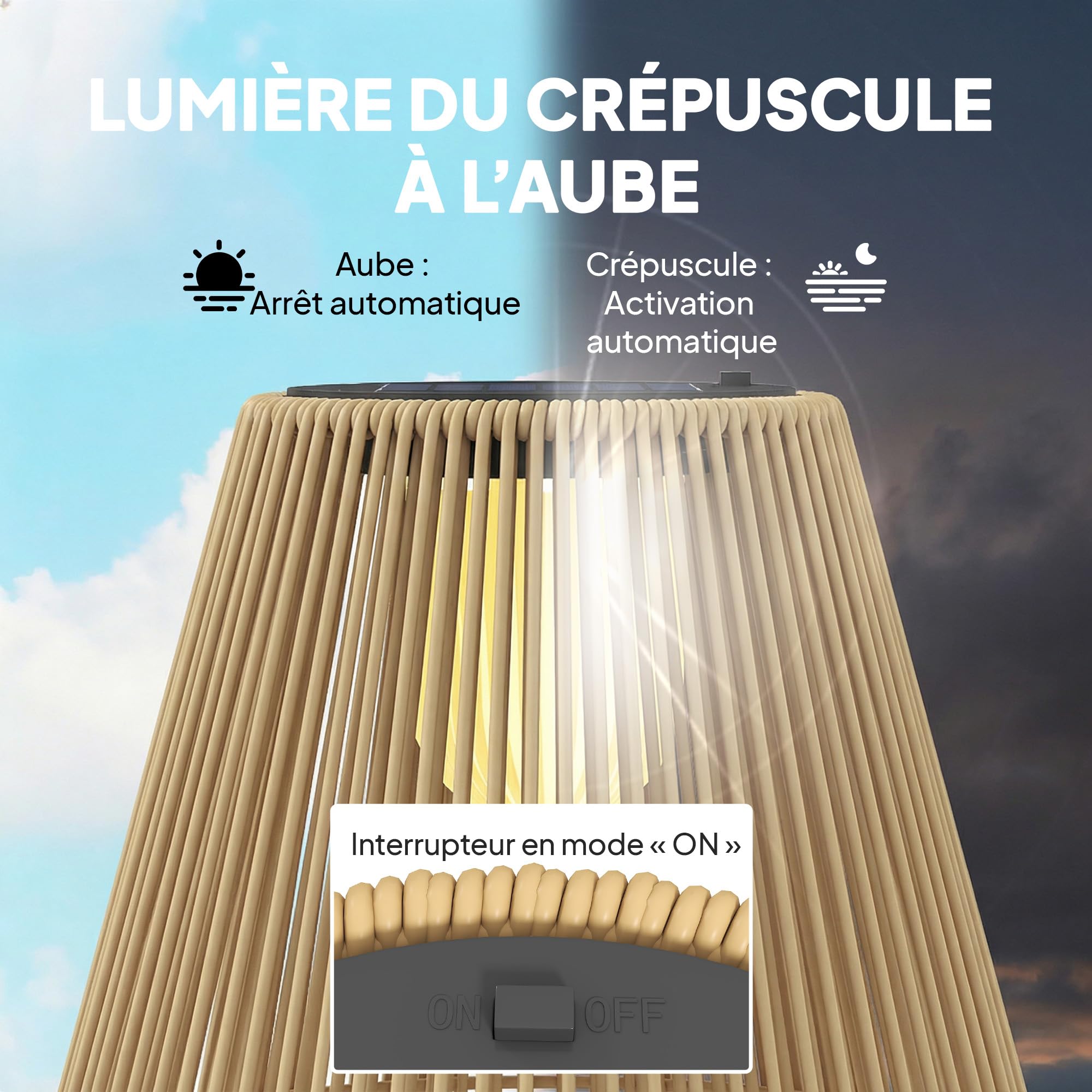 Outsunny - Linterna solar exterior de resina trenzada, lámpara de pie inalámbrica recargable con sensor de luz, lámpara de pie LED exterior, para jardín patio terraza, amarillo