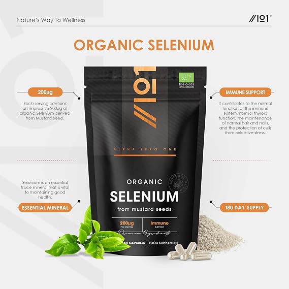 Organic Selenium 200mcg - Sourced from Mustard Seeds – 180 Vegan Capsules (6 Months Supply) – Contributes to Normal Function of the Immune System - By Alpha01