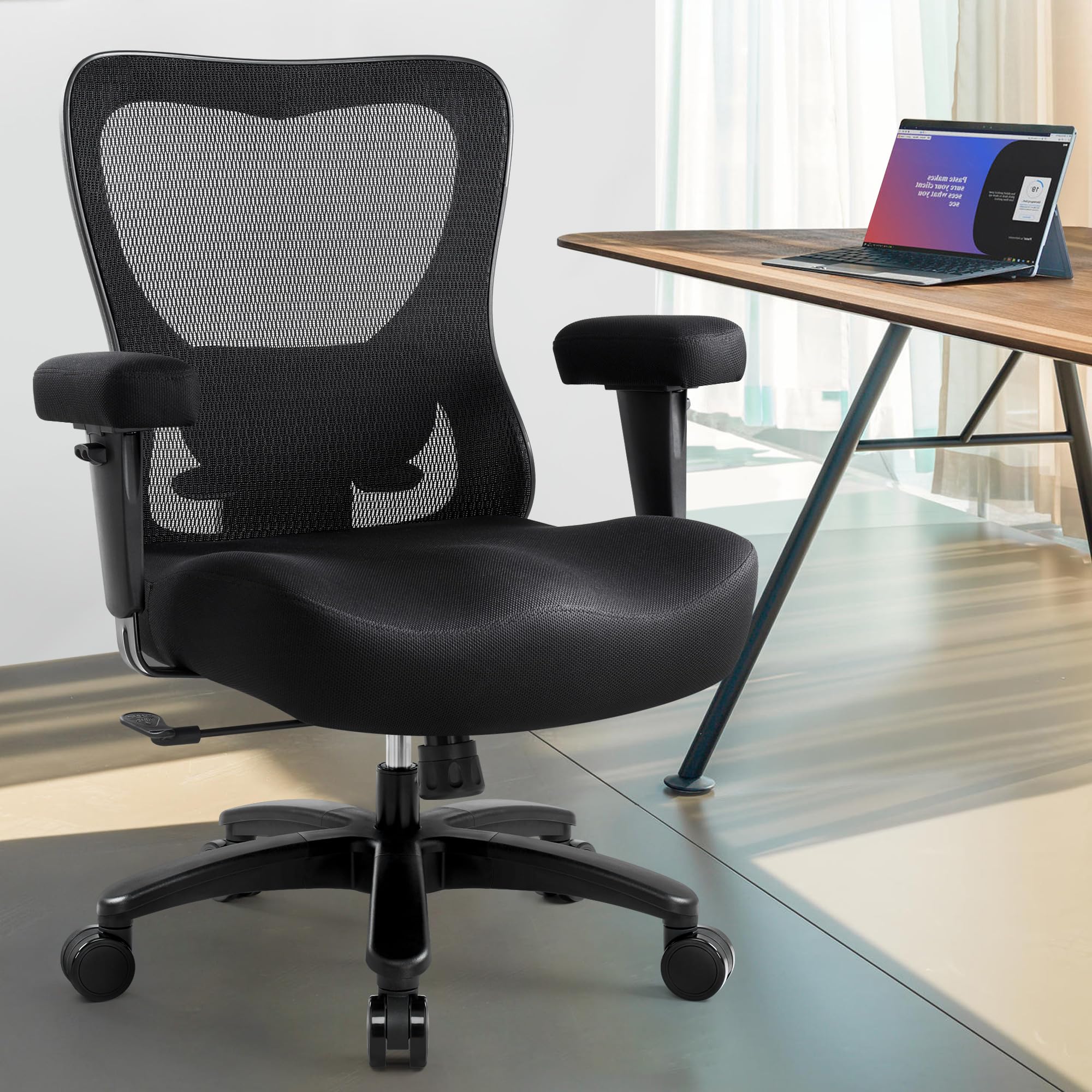 IWMH Silla de oficina ergonómica 200 kg, silla de escritorio de malla grande y alta | Silla de ordenador con soporte lumbar ajustable y cojín de muelles extra ancho, reposabrazos 4D para oficina en casa