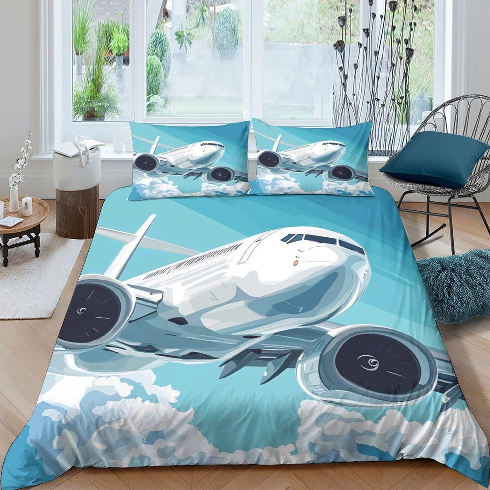 Ctjqhvkz Style-9 3D Printed Airplane Sky Fitted Sheet Microfiber Soft Blue Clouds Bed Cover For Bedroom Guest Room Decor Single（135X200cm）