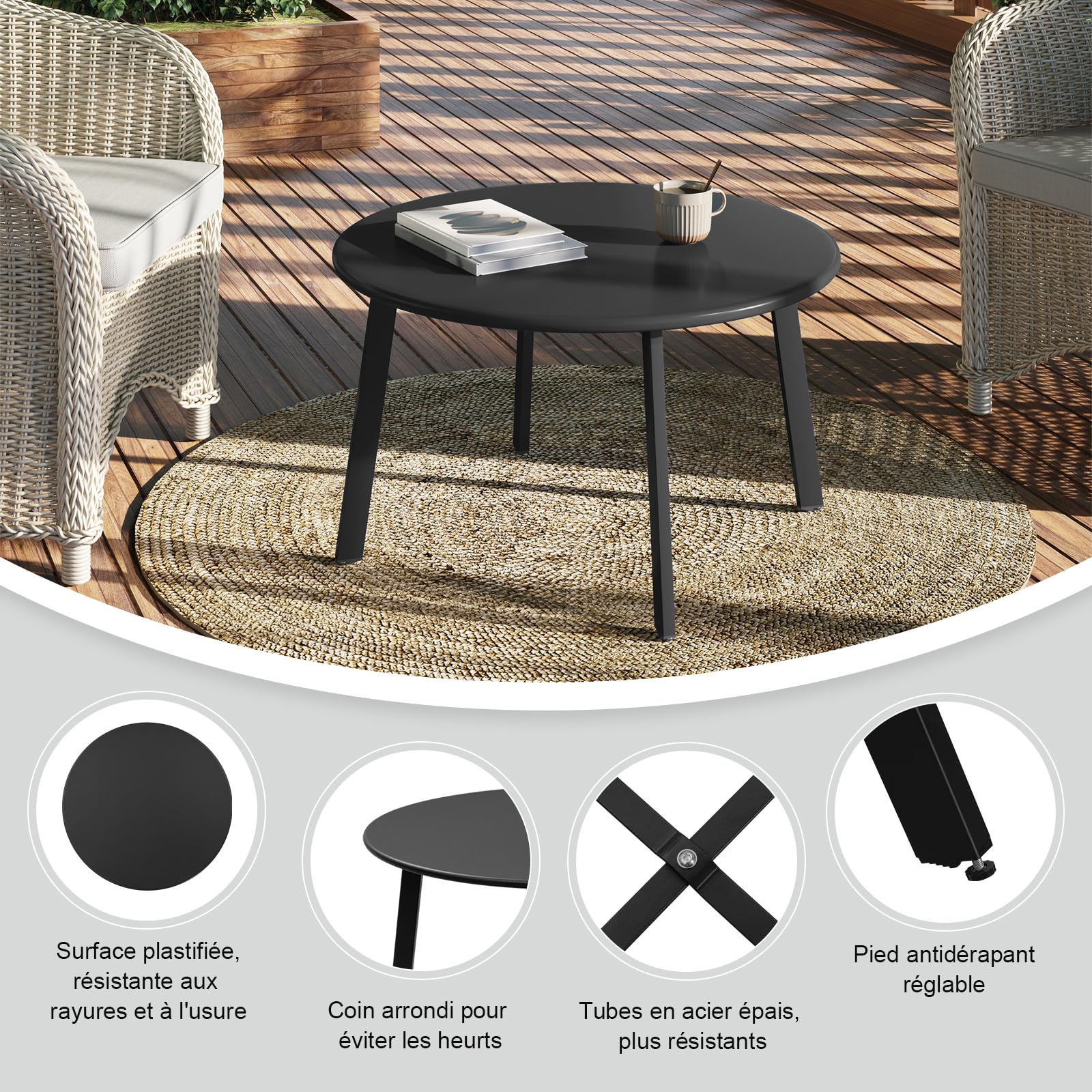 eSituro Table Basse Ronde, Ø70xH40 cm, en Métal, Noir