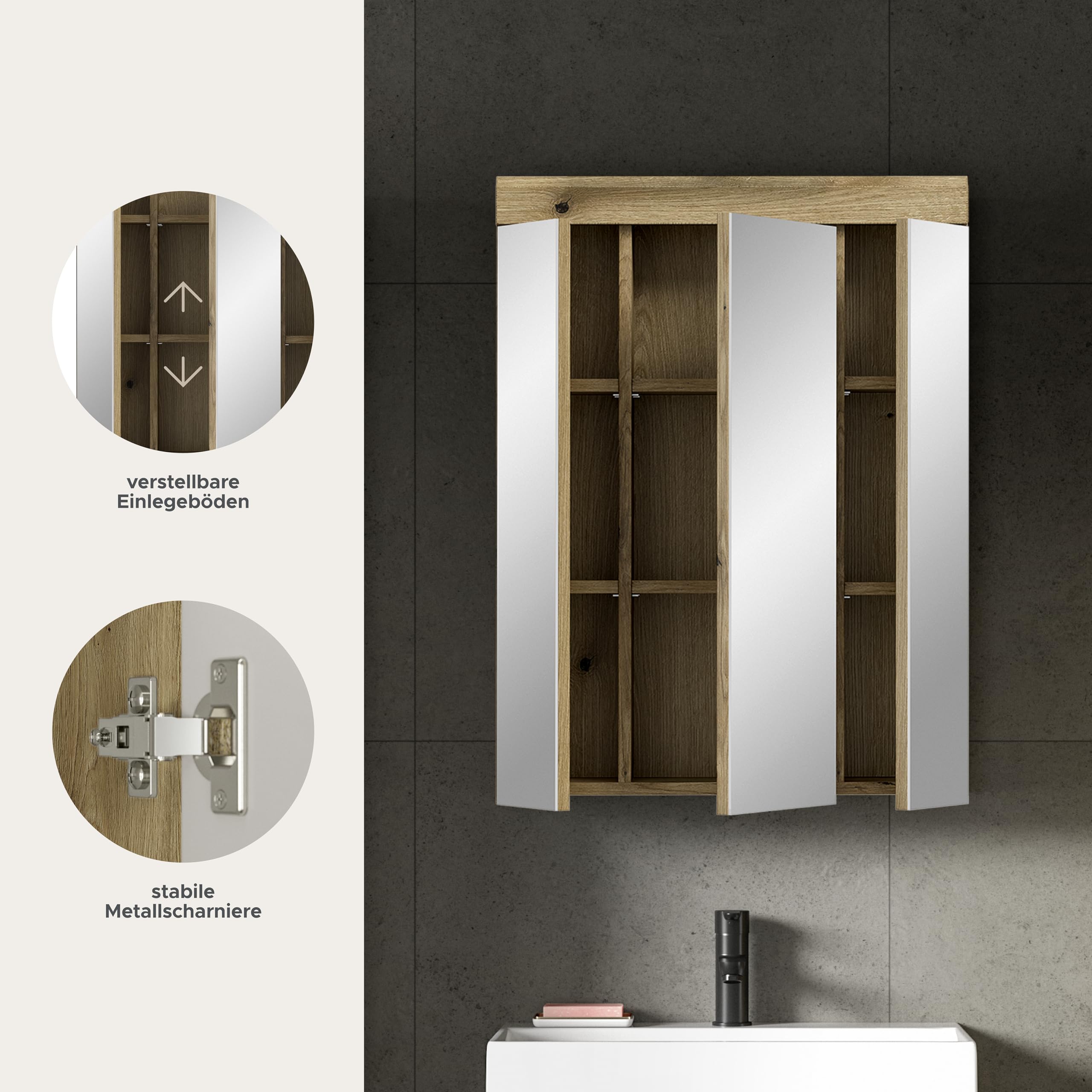xonox.home – Spiegelschrank Scout 60x79x18 cm in Evoak Oak Nachbildung und einem Spiegelglas – Funktionaler Badspiegel mit Stauraum – klar – Bild 7