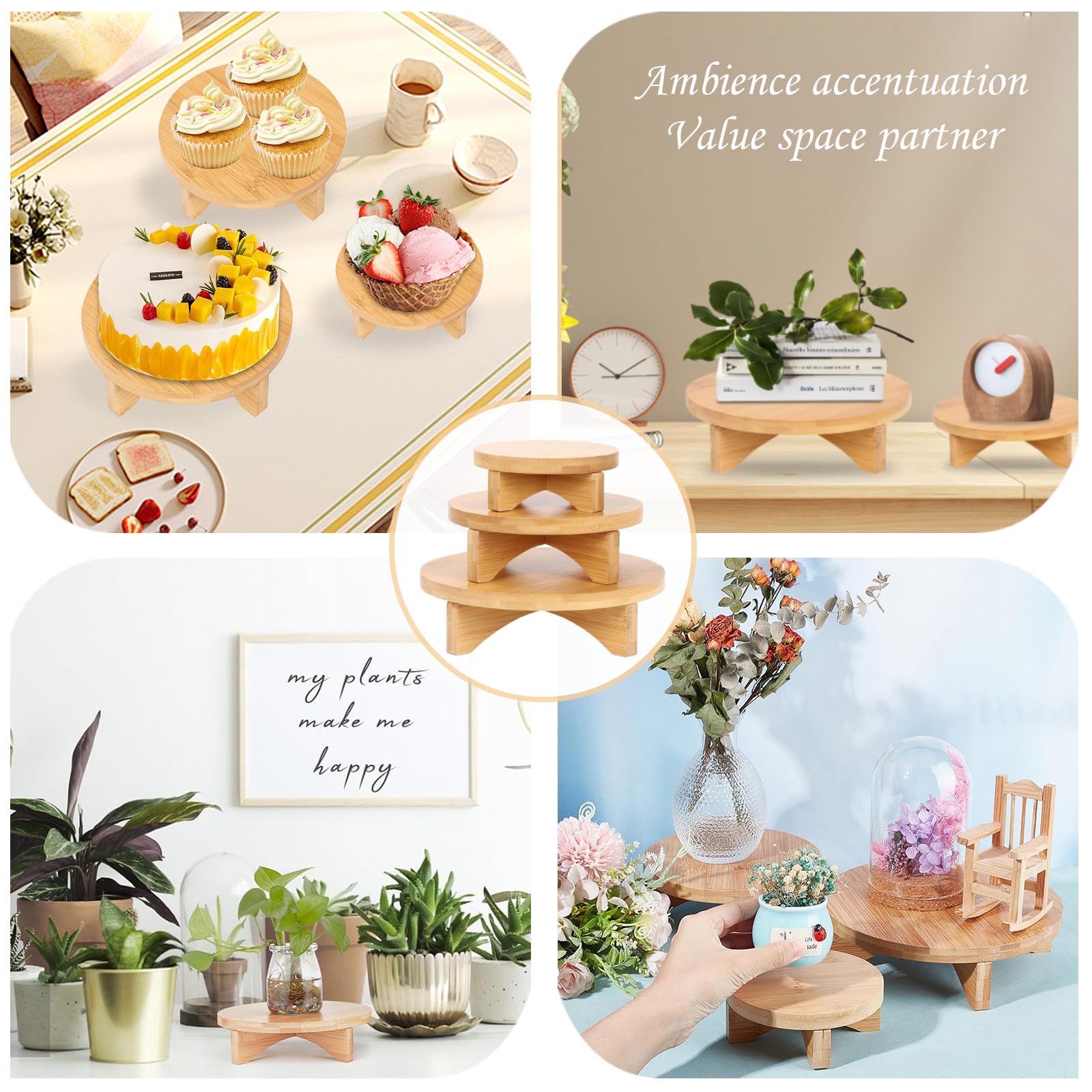 3 Stück Pflanzenhocker, Blumenhocker Holz, Pflanzenhocker Holz Flach Rund, Blumen Hocker Rund, Abnehmbar Klein Holzschemel, Für Tischdekorationen, Topfpflanzen, Dekorative Pflanzentreppe