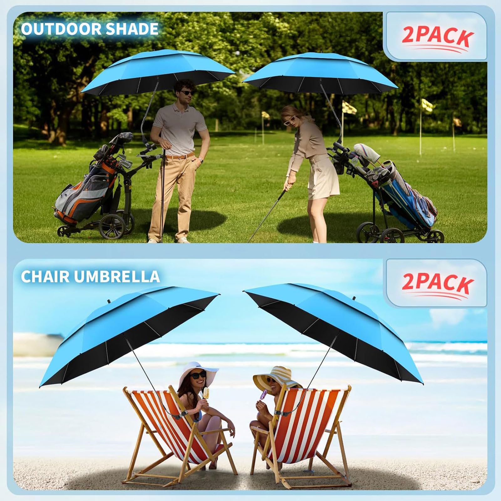 2PCS Stuhl Sonnenschirm mit Universal-Klemme 48.6inch Sonnenschirm für Strandstühle mit UV Schutz UPF 50+ 360 ° verstellbare Tragbarer Clip-Regenschirm für Kinderwagen/Angeln Stuhl/Golf Trolley Cart