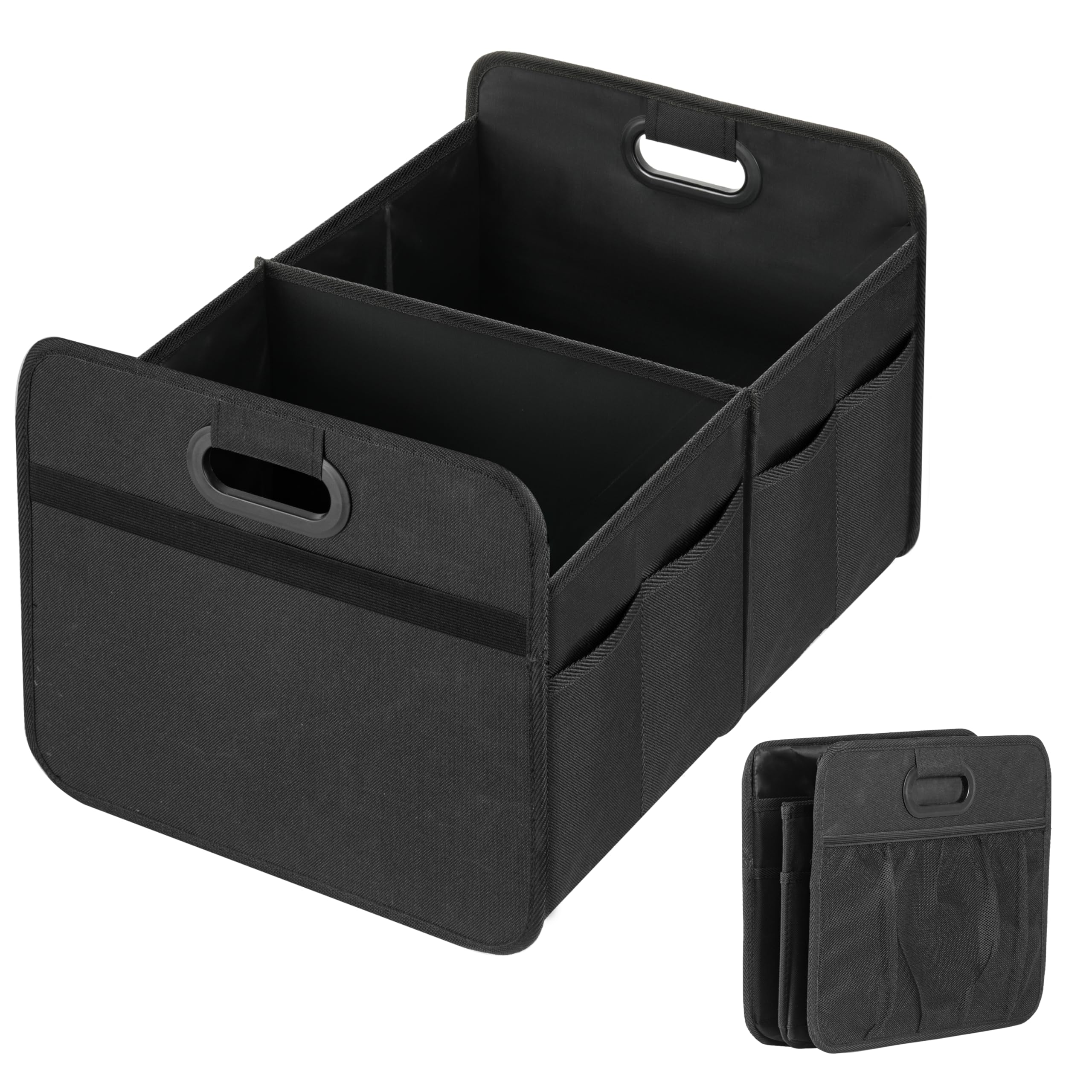 YSSOA Car Trunk Organizer, Collapsible 2 Compartment Non Slip Bottom, Waterproof Car Storage Box, 600D Oxford Polyester Sturdy Accessories for SUV, Mini-Van, 50L, Black