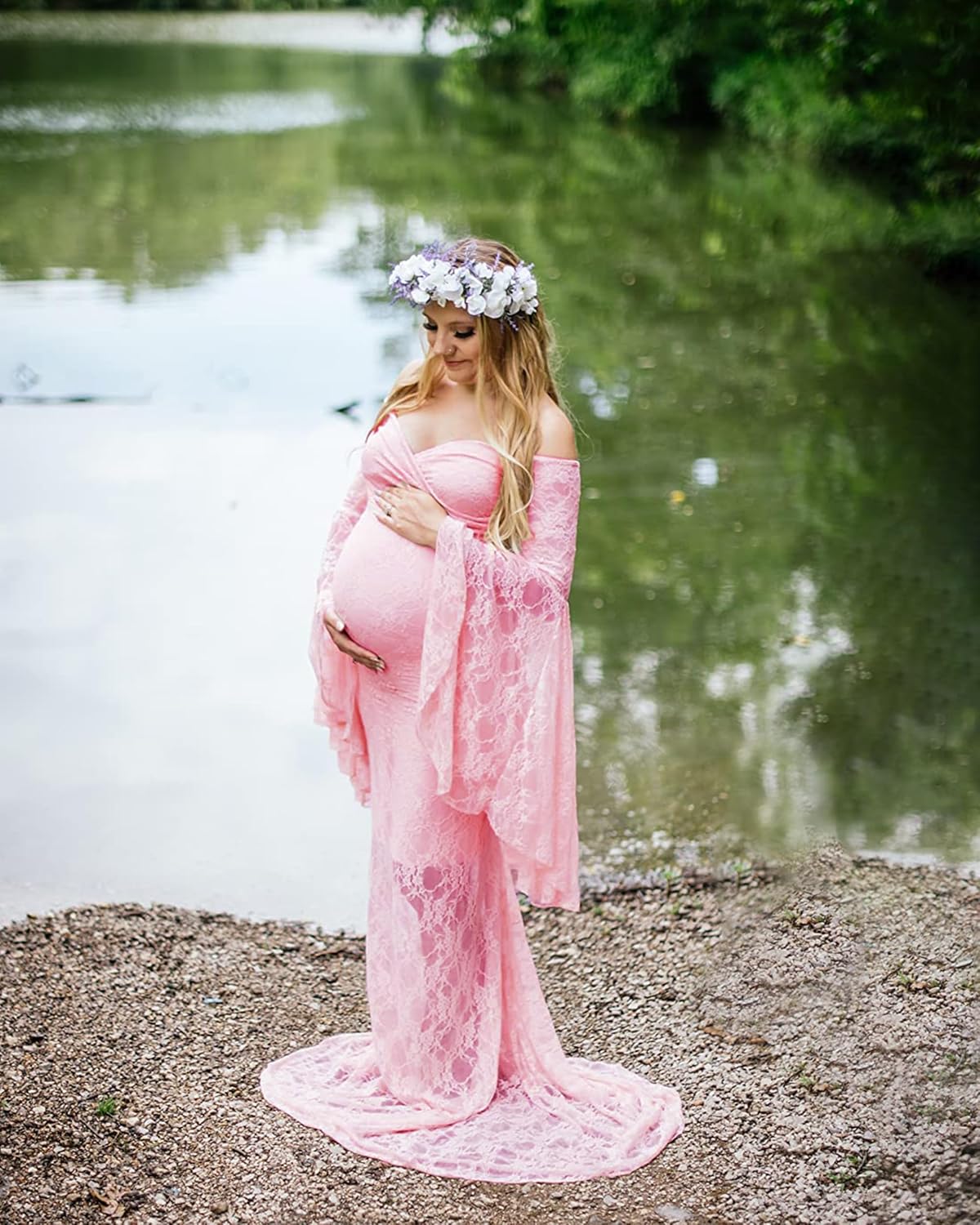 Saslax Off Shoulder Lace Maternity Dress for Photography Maxi Maternity Props Dresses for Photo Shoot Baby Shower - Image 6