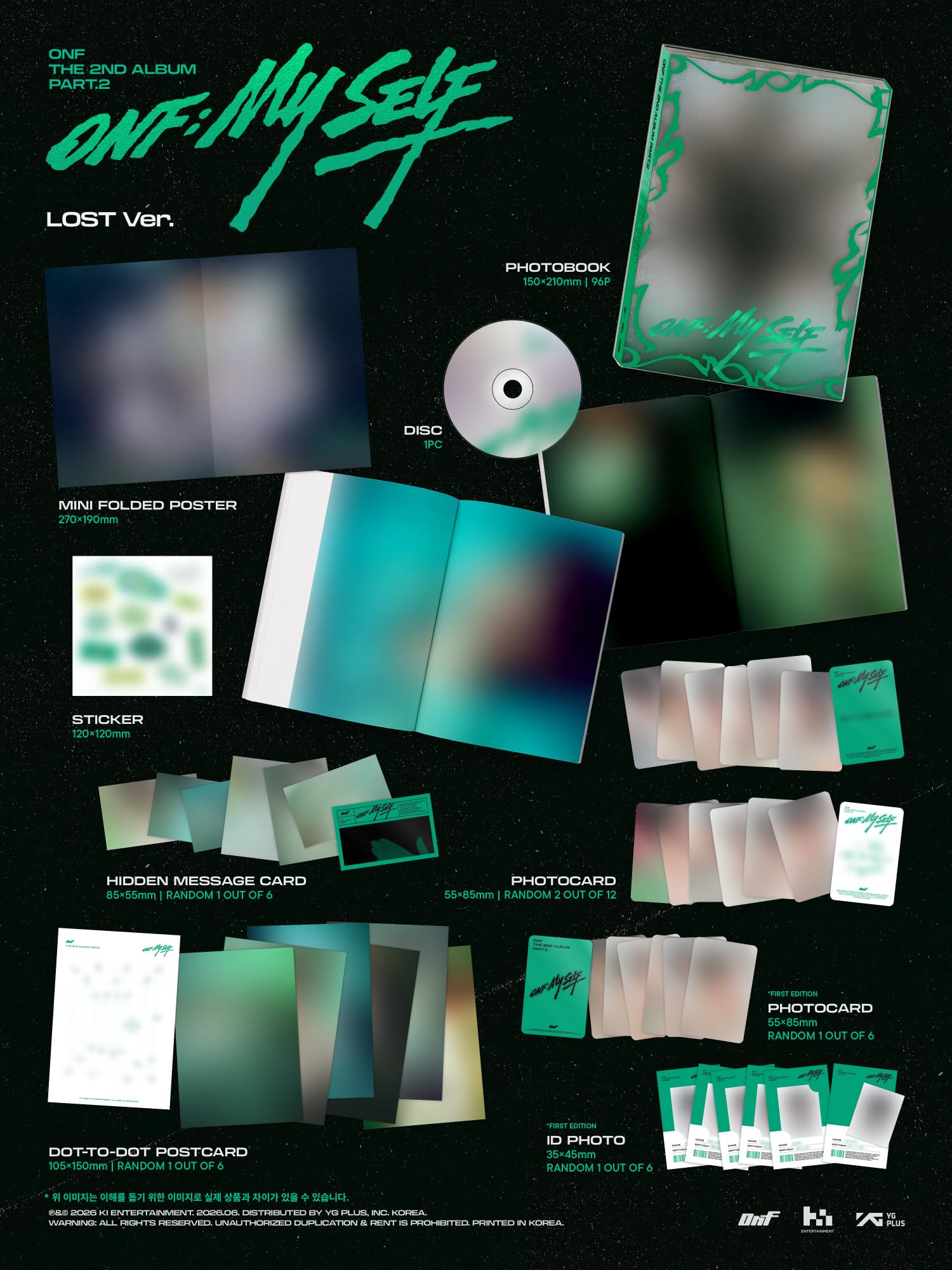 (Juego completo: 3 álbumes de fotos + 6 cicatrices Digipack + 1 plataforma) ONF : My Self 2º álbum part.2 con seguimiento