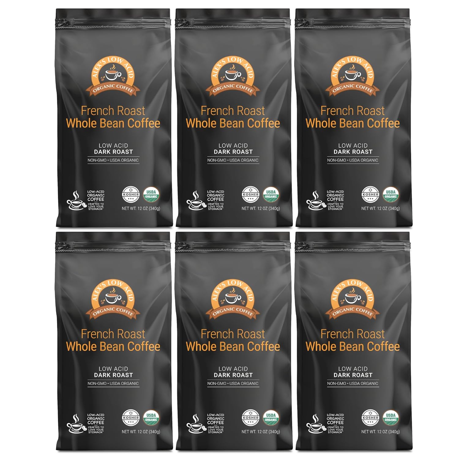 Alex's Low Acid Organic Coffee 12oz Bag - Rise and Shine Fresh Ground (Pack of 6)