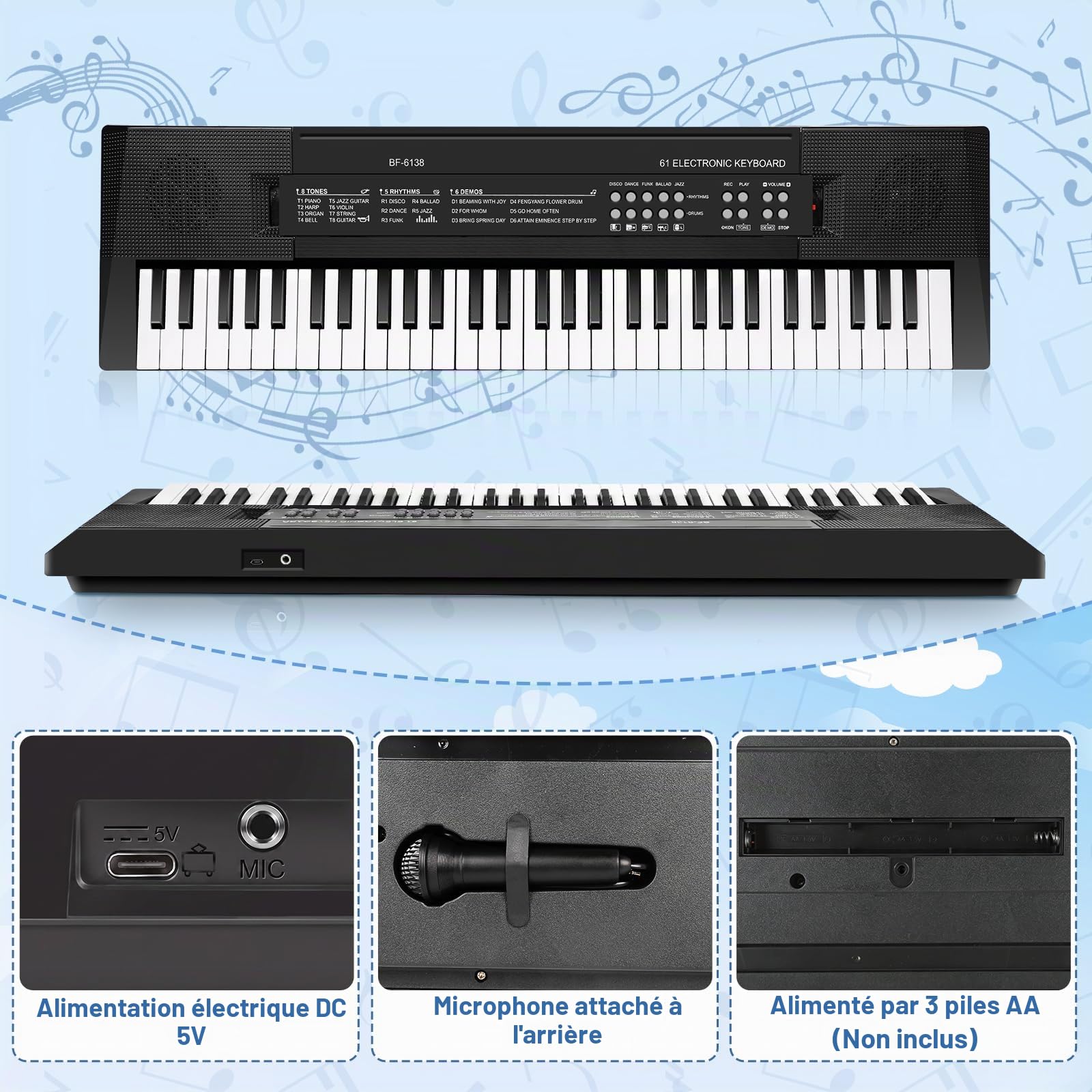 61 Touches Enfants Piano Clavier, Piano Électronique Clavier Musical Jouet | Piano Enfants Musical avec Micro, Instruments de Musique Jouet Cadeau pour Débutants Garçons et Filles de 3 à 12 Ans