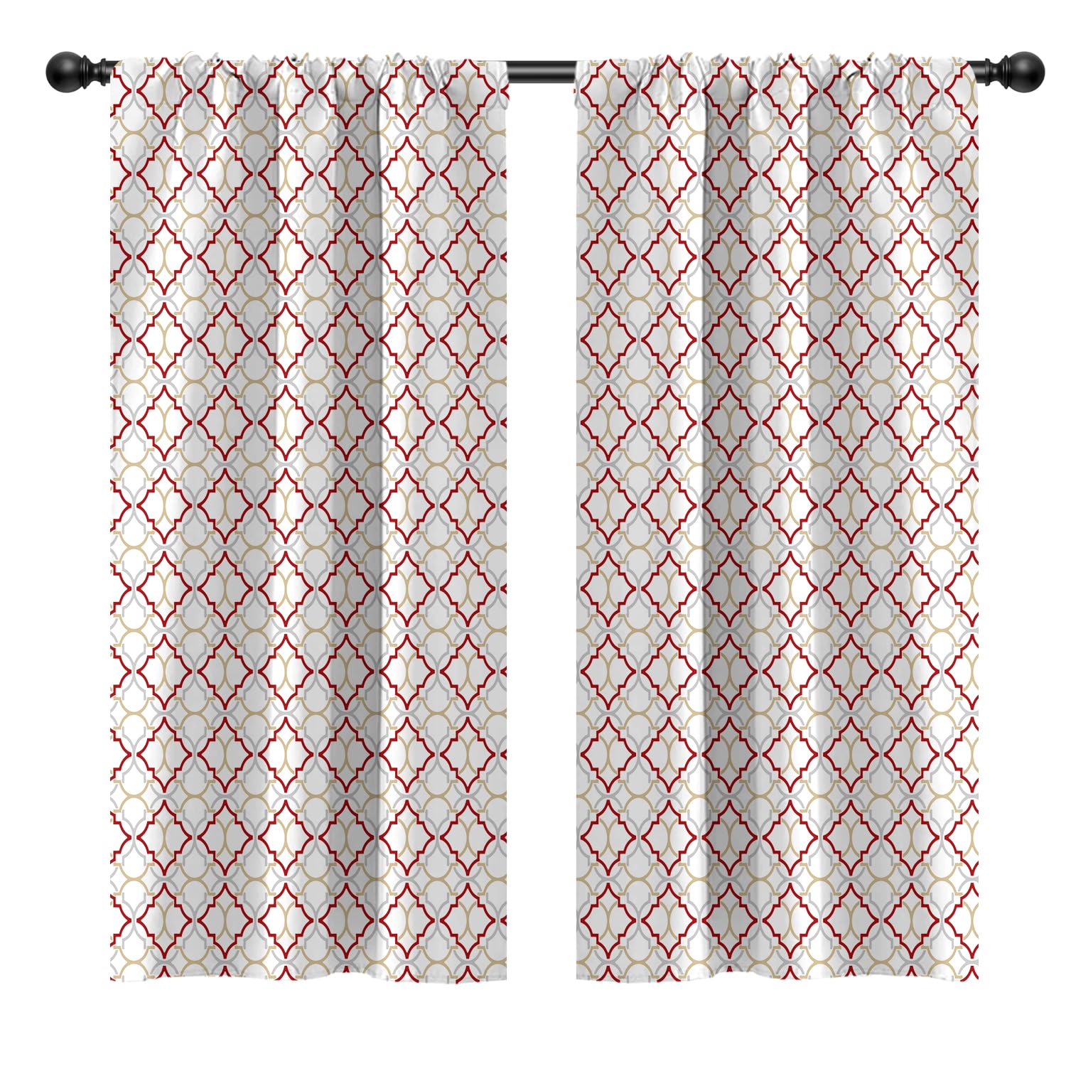 Red Grey White Window Curtains Rod Pocket Gray Abstract Patterned Abstract Modern Geometric Moroccan Minimalist Art Aesthetic Room Drapes 2 Panels for Living Bedroom Home Decor 42X63 inch