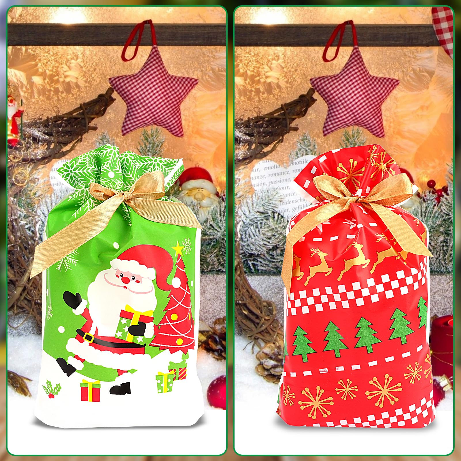 Set 20 Sacchetti Regalo Natale, 4 Dimensioni, In Lamina Con Cordoncino – Motivi Natalizi, Per Dolci, Regali, Decorazioni Feste
