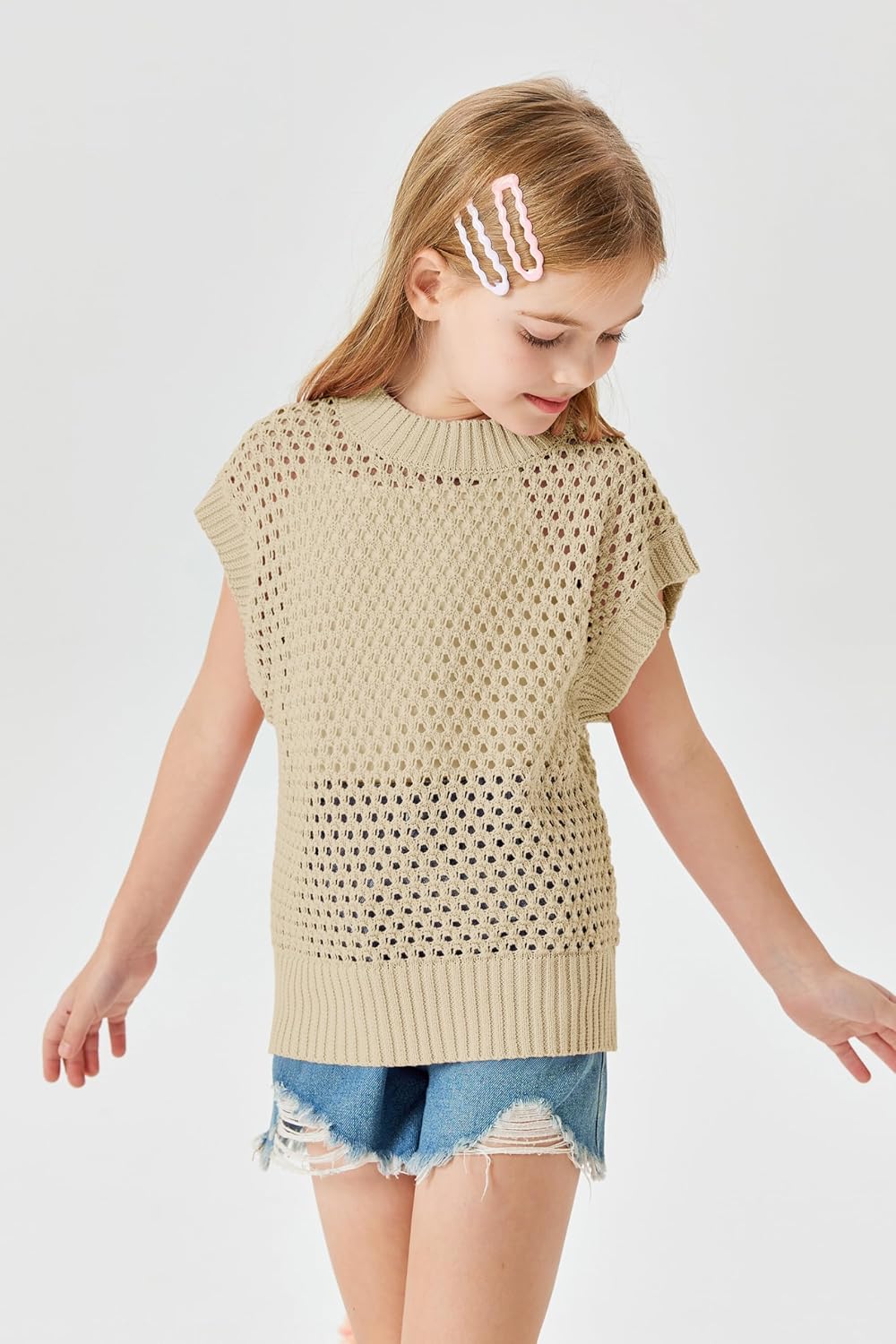 Haloumoning Girls Short Sleeve T Shirt Crewneck Knit Crop Top Hollow Out Pullovers Sweater 5-14 Years - Image 4