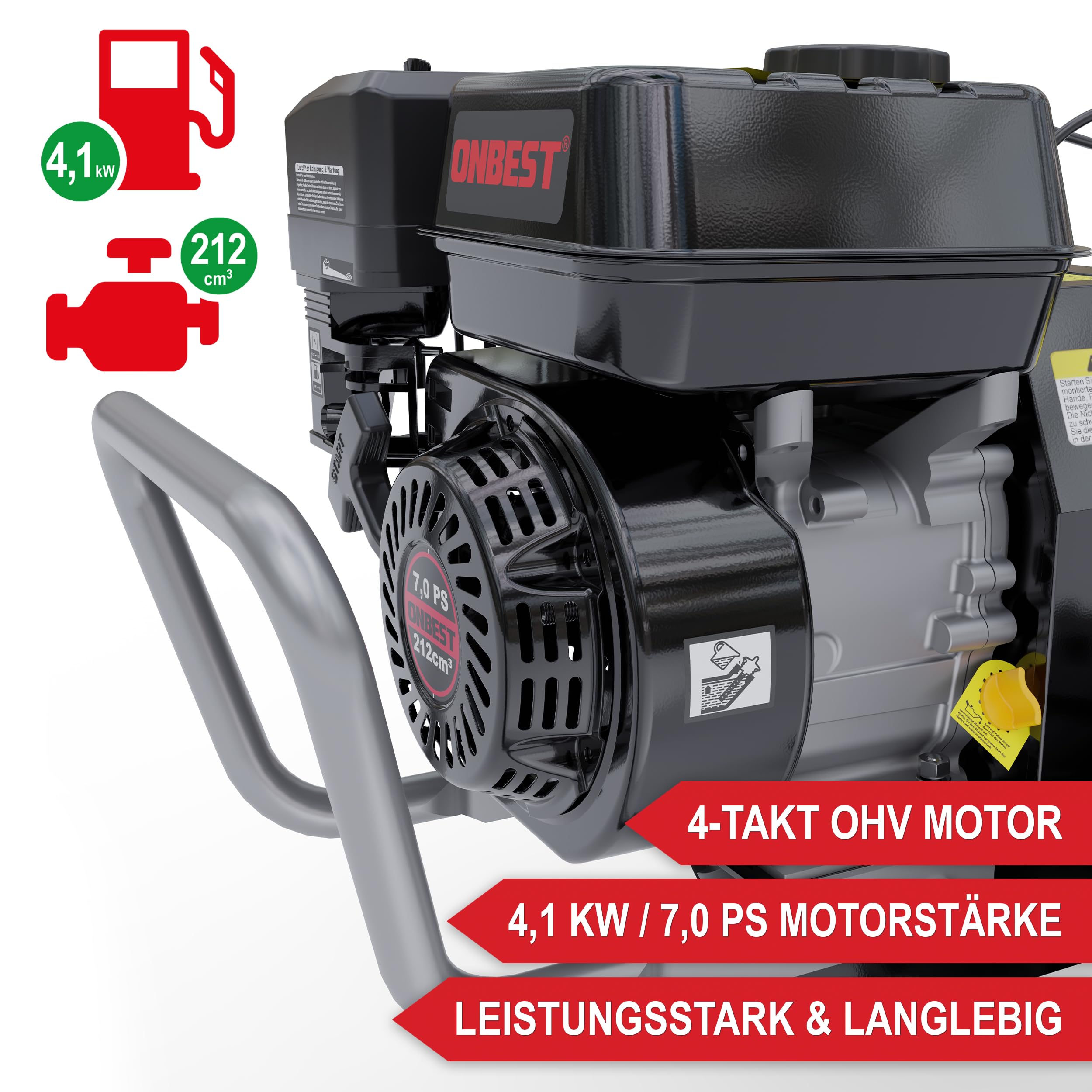 ONBEST Gartenfräse Benzin 7 PS – 48 cm Arbeitsbreite, 12 Messer | 4-Takt Motor, 4,1 kW, 175–350 mm Arbeitstiefe – Gartenhacke und Kultivator für Bodenbearbeitung im Garten