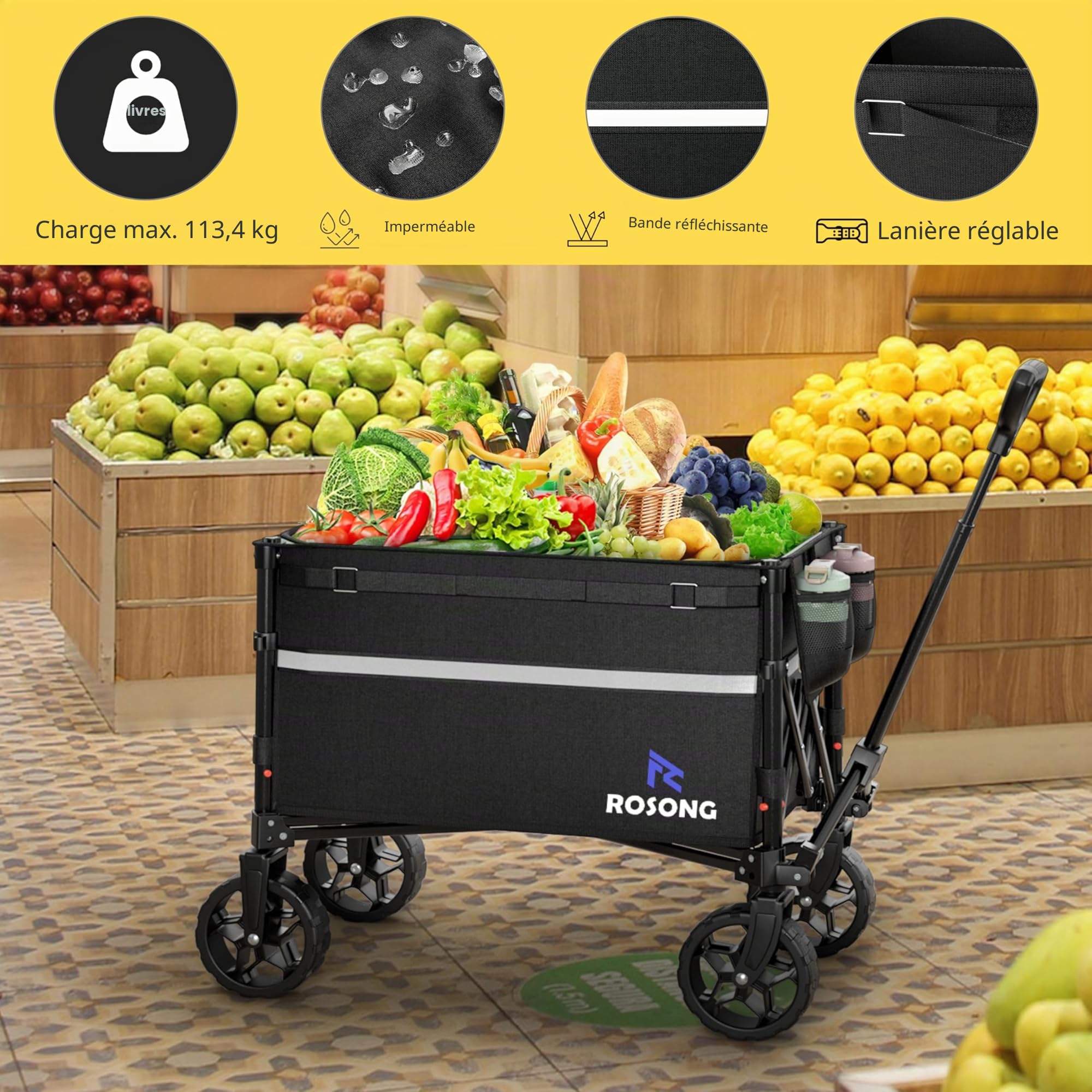 ROSONG Chariot Pliable avec Roues – Chariot Utilitaire et Robuste pour épicerie, Sport, Jardin, Shopping, Camping – Brouettes (Noir, 120 l)