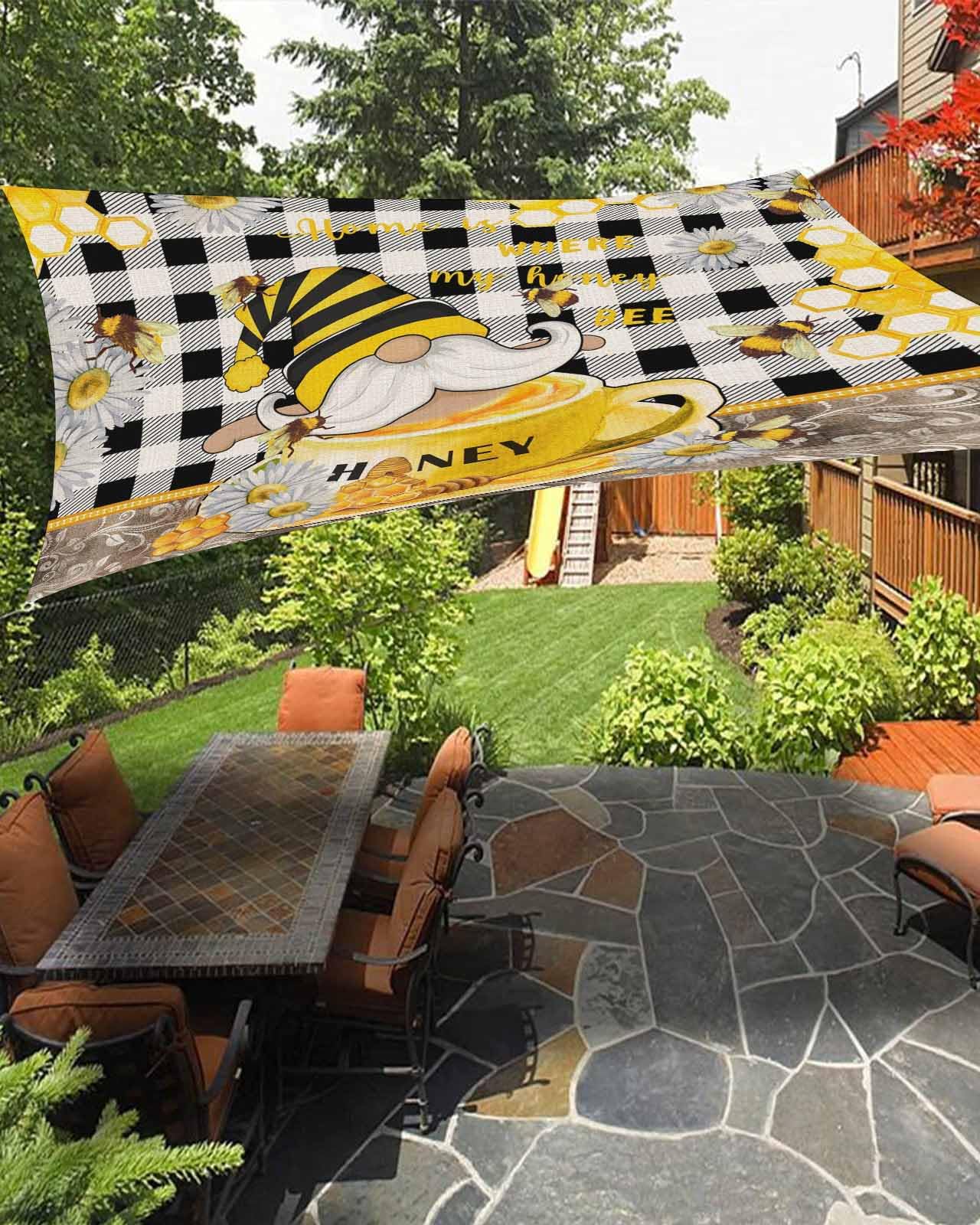 Boanket Sun Shade Sail 12' x 16', Honey Gnomes Sun Blocking Shades Privacy Outdoor Covering, Vintage Spring Floral Yellow Summer Bee Black Plaid Shade Cloth for Patio Deck Garden Lawns Beach Backyard