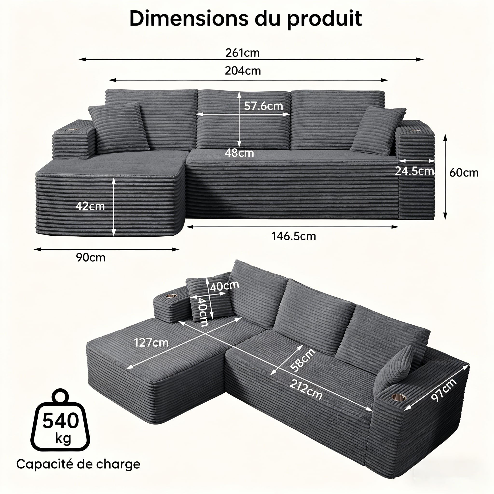 Canapé d'angle Convertible, 261cm Canapé en Forme de L, Canapé 3 Places avec Méridienne, Canapés Sectionnels sans Ossature pour Salon, Aucun Assemblage Requis, Gris foncé