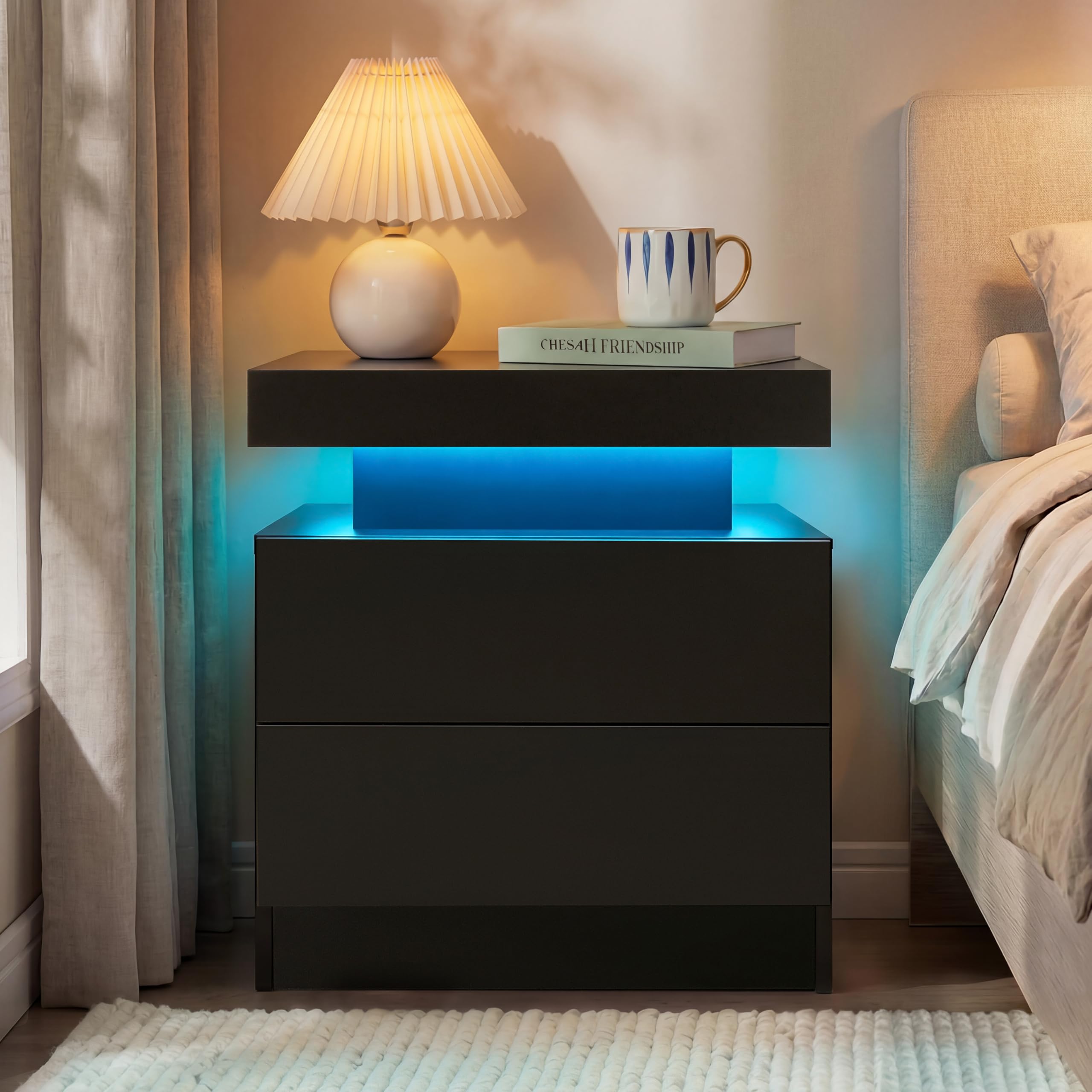 Cubehom Nachttisch mit LED Beleuchtung und 2 Schubladen – Moderner Nachtschrank/Beistelltisch für Schlafzimmer & Wohnzimmer, Hochglanz, 49×35×52 cm