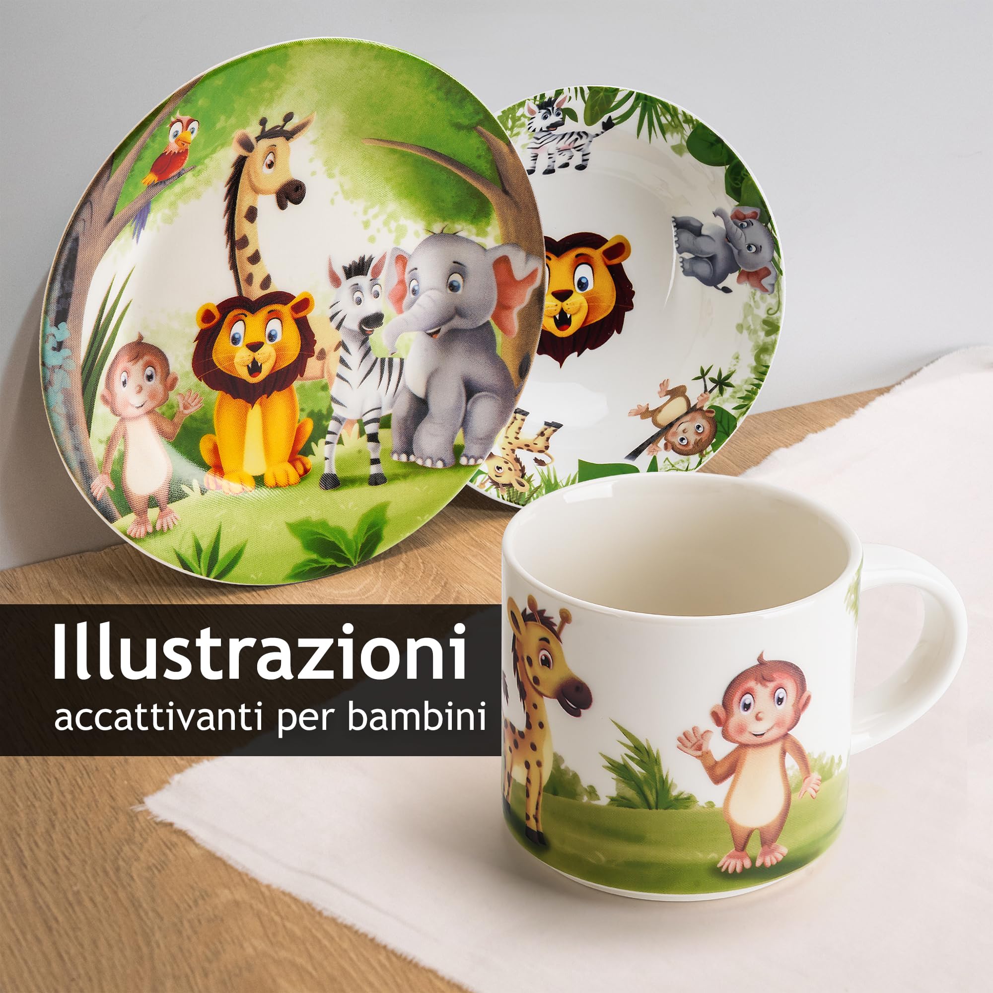 MIAMIO - Set di 3 stoviglie per bambini/piatti per bambini, set di piatti per bambini, set di stoviglie per bambini - include piatti, ciotole e tazze - per bambini e bambini piccoli (Giungla)