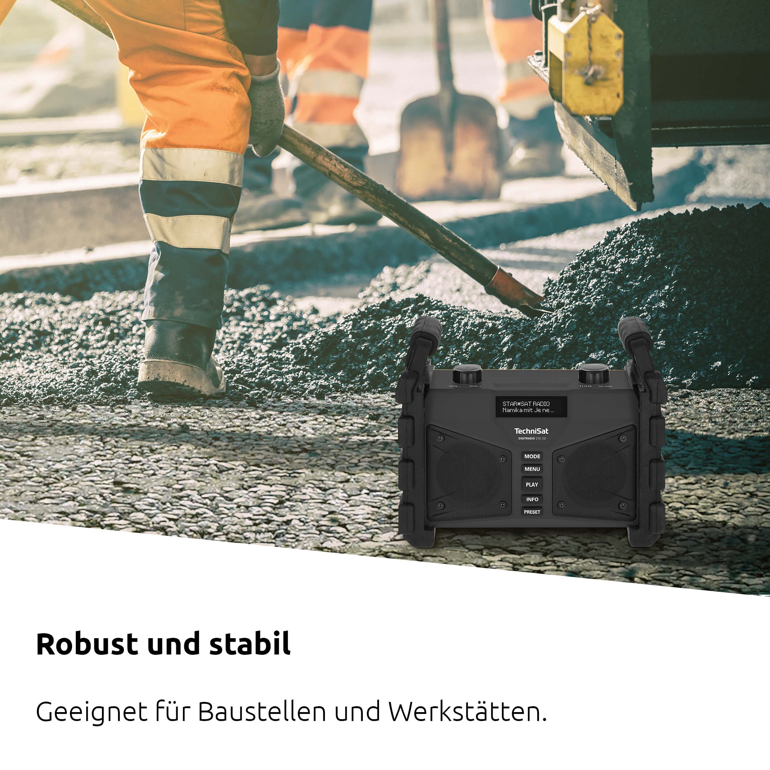 TechniSat DIGITRADIO 230 OD – DAB+ radio budowlane (DAB+, DAB, UKW, USB, AUX in, Bluetooth, wydajny akumulator, pamięć ulubionych, 2 x 6 W głośniki stereo), czarne