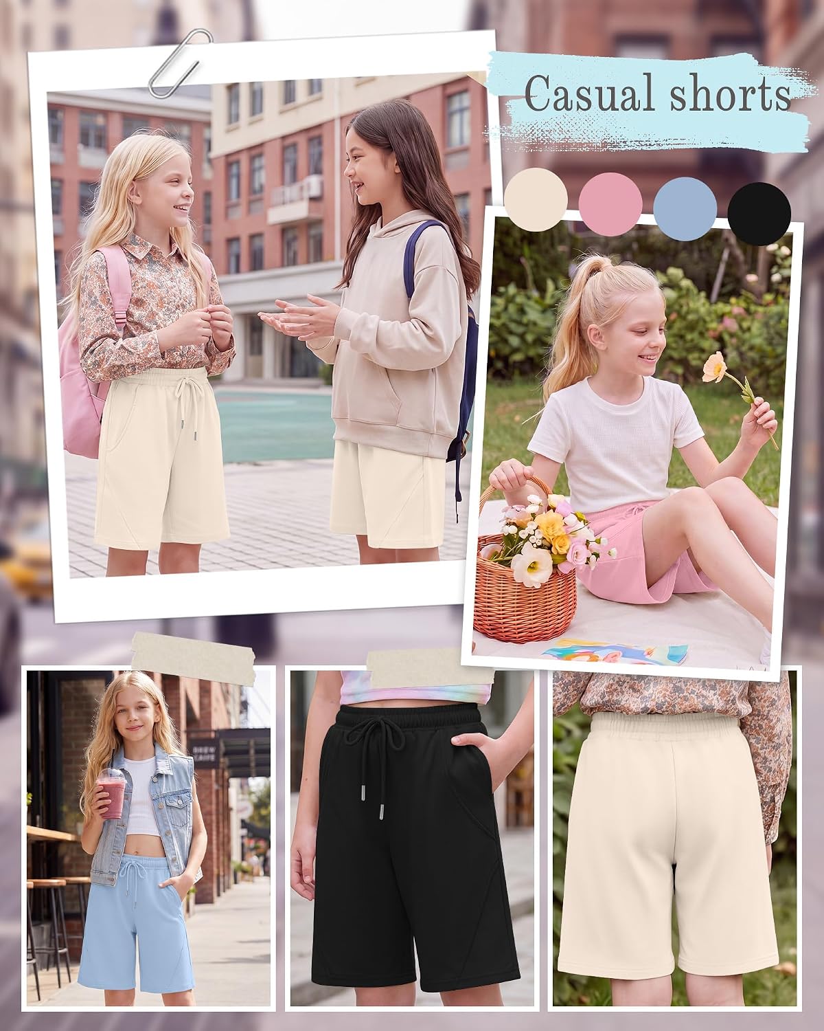 Halfchet 4 Pack Girl's Shorts Athletic Drawstring Sweat Shorts Waist Elastic Bermuda Basketball Shorts with Pockets 5-14Y