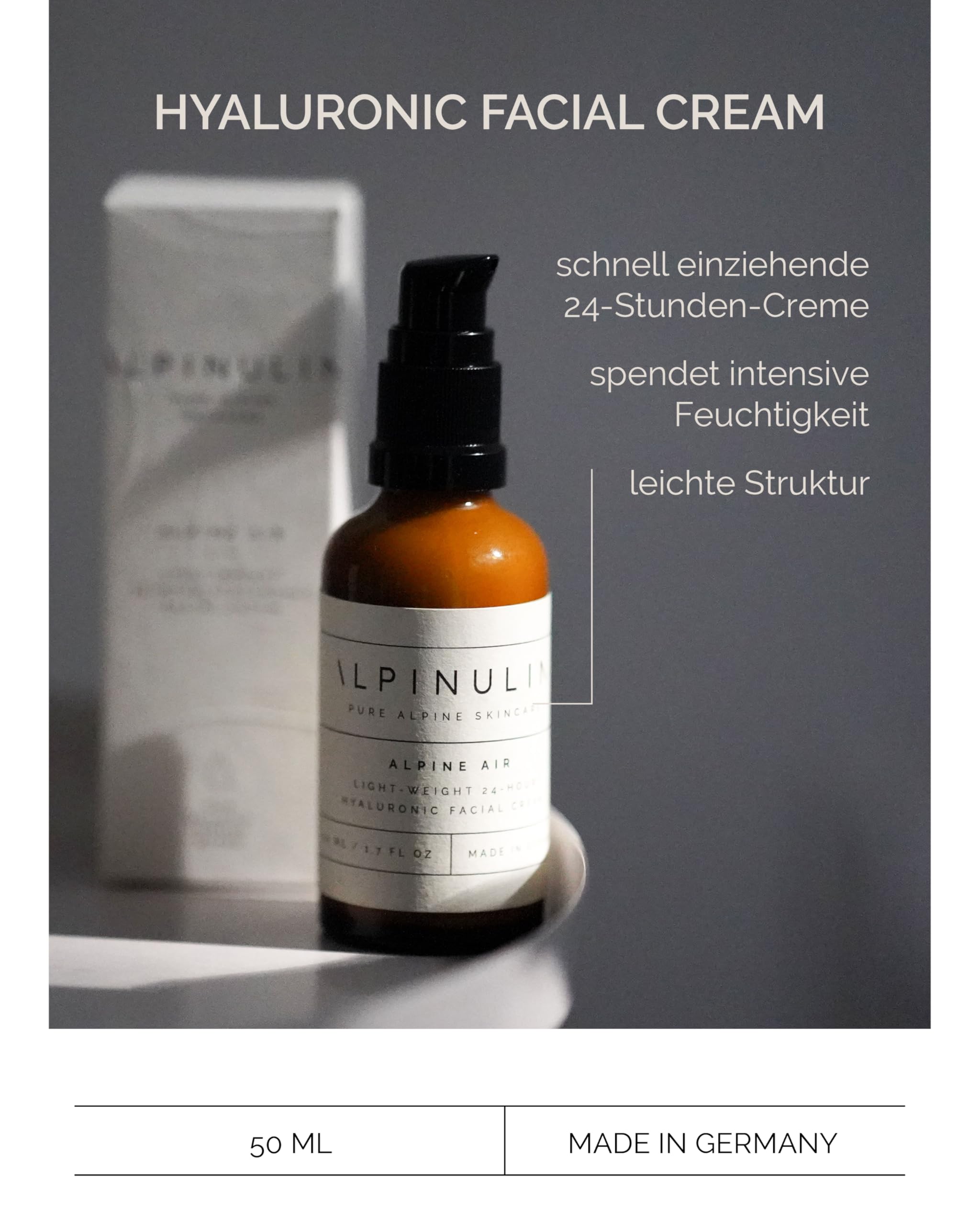 ALPINULIN ALPINE AIR Gesichtscreme 50ml Vegan - Natürliche Gesichtspflege gegen trockene Haut, Schnell einziehend, Alpiner Wirkstoff-Komplex mit Edelweiß-Extrakt