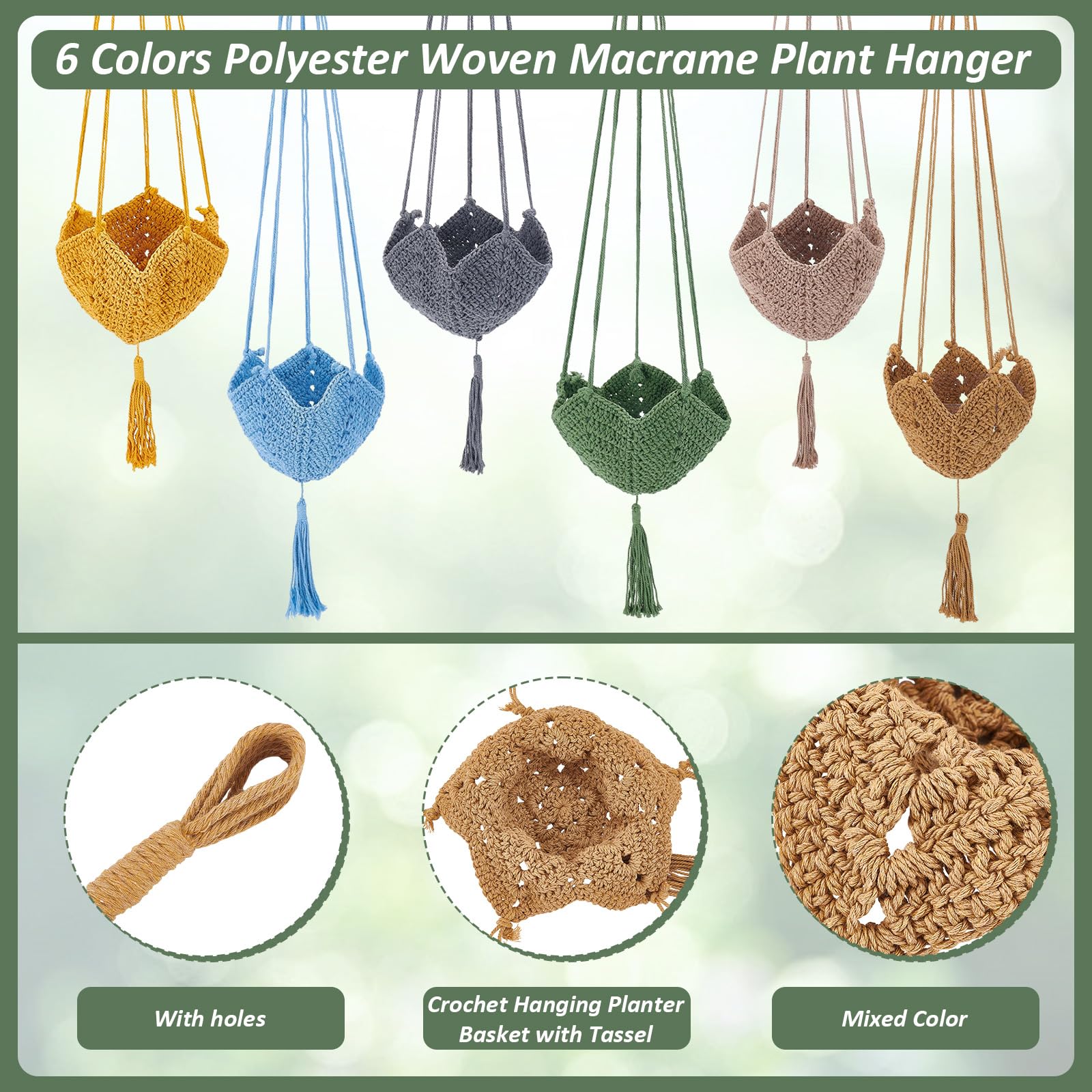 6 Suspension pour Plante Longue en Jute Crochetée pour Pots de 12 à 18cm 6 Couleur de Support à Plantes en Macramé Polyester Panier Suspendu avec Pompon pour la Décoration Intérieure