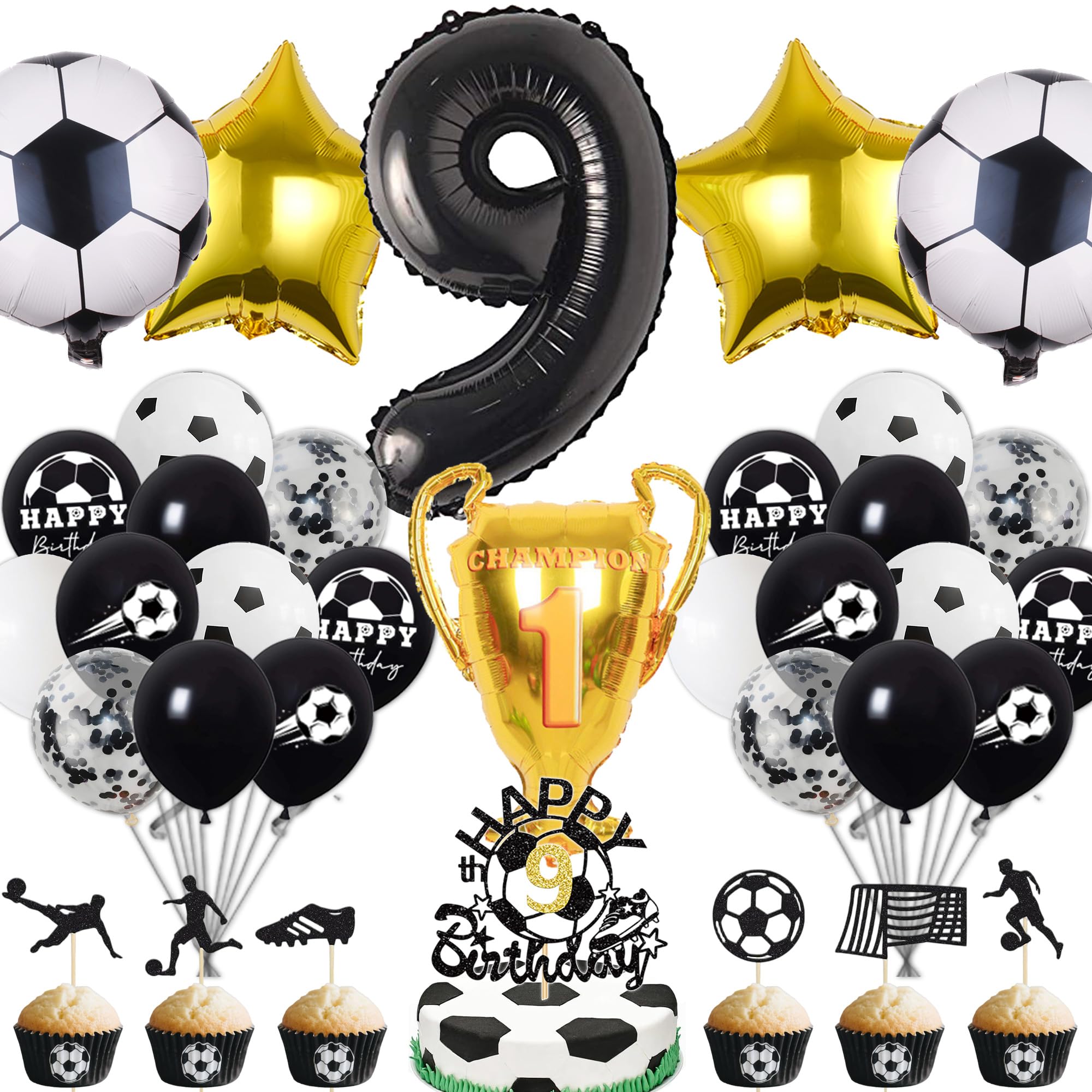 Fussball Deko Geburtstag Kinder 9 Jahre Junge - 9. Geburtstagsdeko Luftballons Fußball Folienballon, Tortendeko und XXL Zahlenballon zum Kindergeburtstag Party Dekoration
