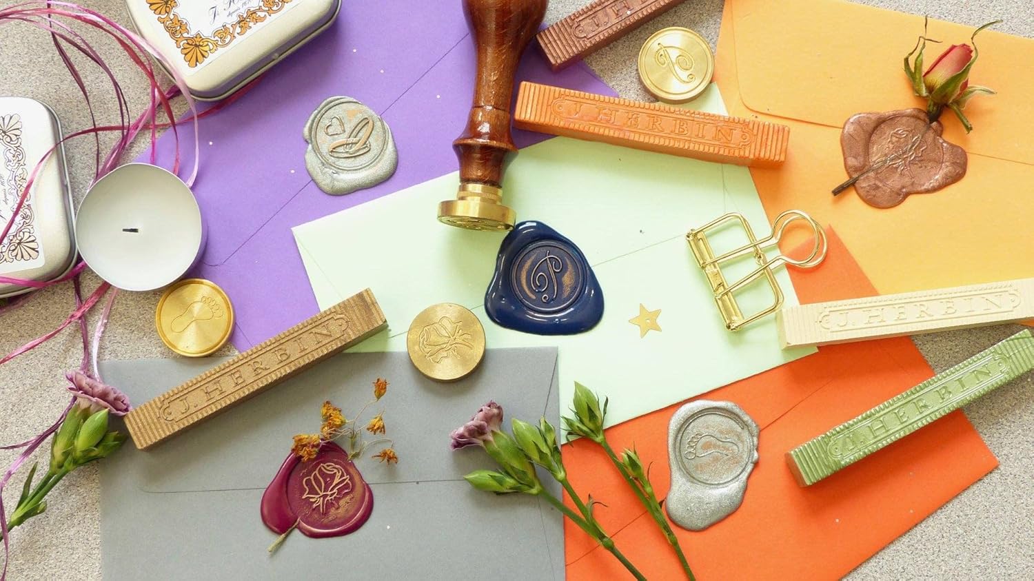 Herbin Brass Seal for Wax - Script Old Style Alphabet w/Wood Handle - Initial Letter"M"