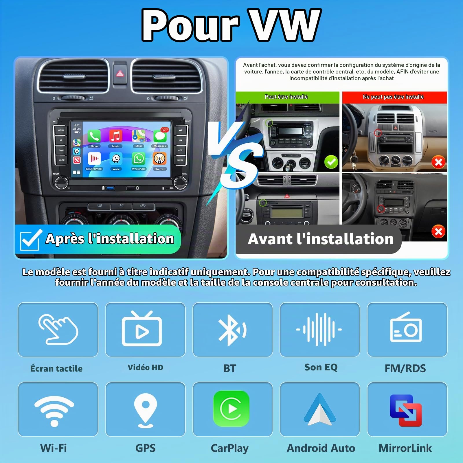 Autoradio pour VW Golf 5 Tiguan Touran Passat Polo Skoda Caddy Seat avec Carplay sans Fil Android Auto 2+64G 7" Écran Tactile Navi/WiFi/FM/RDS/SWC/Canbus/Bluetooth/EQ+Caméra AHD+Microphone
