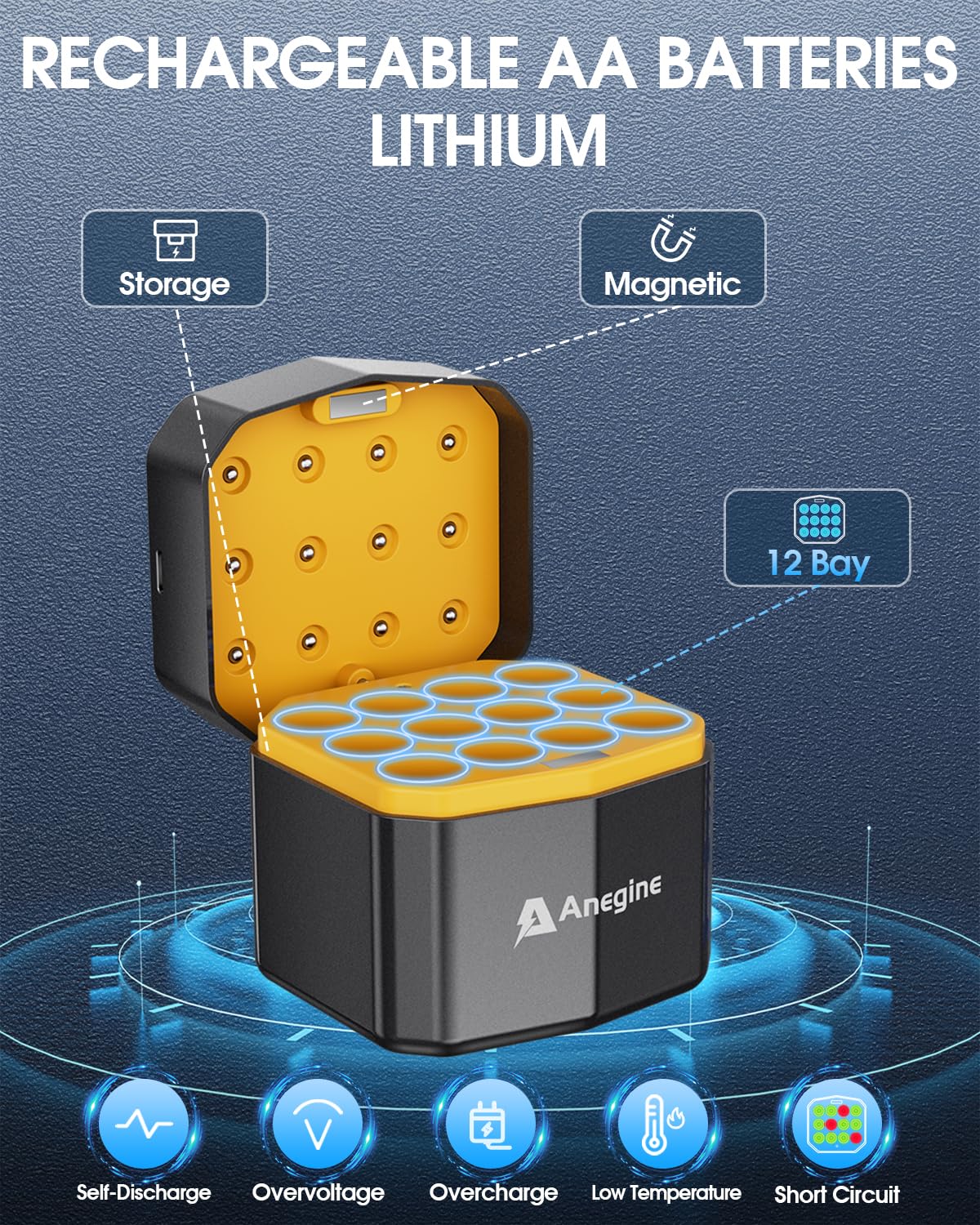 Anegine Lithium Batterie AA Akkus Wiederaufladbar mit Ladegerät 3600mWh 1,5V Aufladbare Blink Batterien AA Lithium Batterie Ladezyklen bis zu 2000+ (12er-Pack)