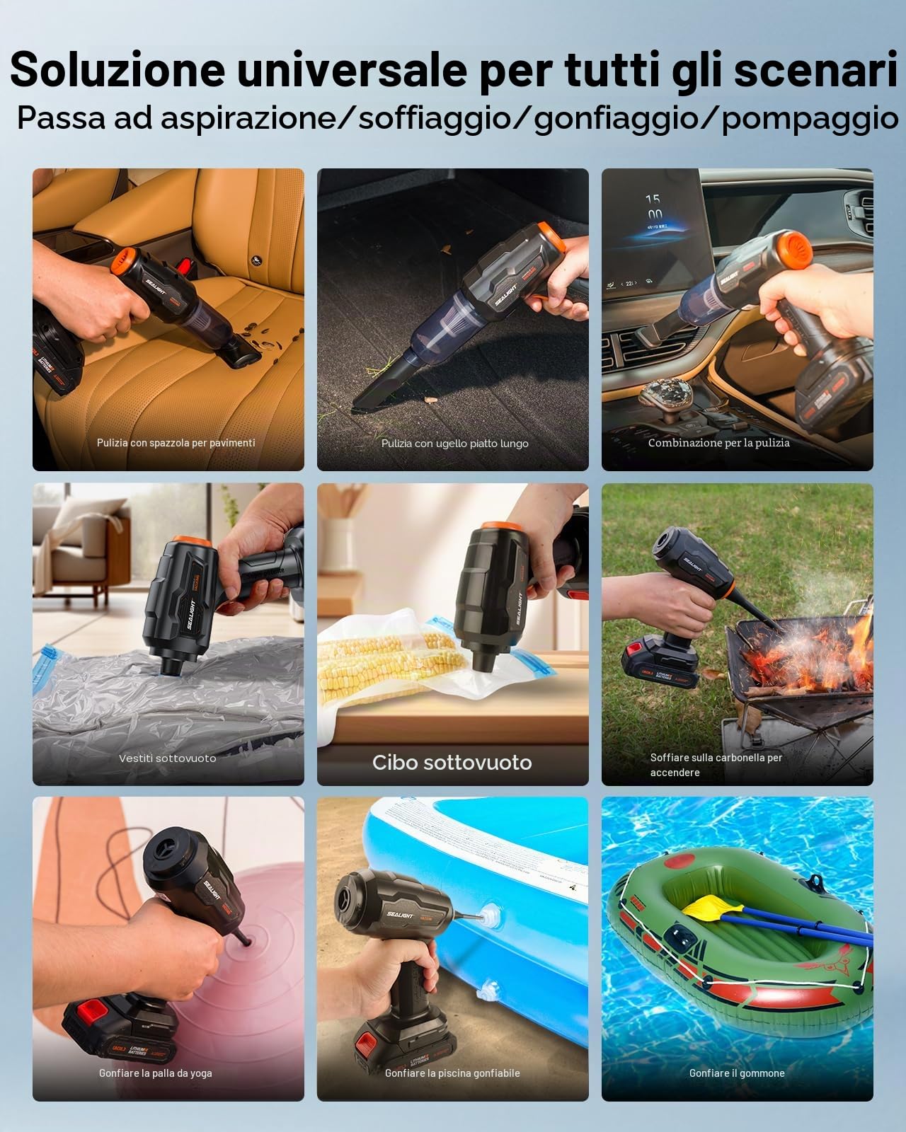 SEALIGHT Aspirabriciole Senza Fili, 35000PA 9 in 1 Aspirapolvere per Auto Portatile,con 2 Batterie Ricaricabili, Motore Brushless, Mini Aspirabriciole Senza Fili Potente per Auto Casa