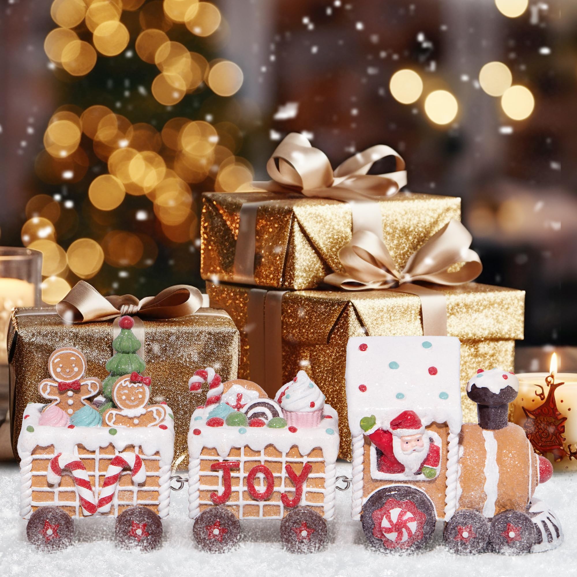 Hodao Figuras navideñas de tren de hombre de jengibre, bonitas decoraciones navideñas para interiores, para mesa, chimenea o centro de mesa, decoración perfecta de invierno y regalo (7.5 pulgadas de