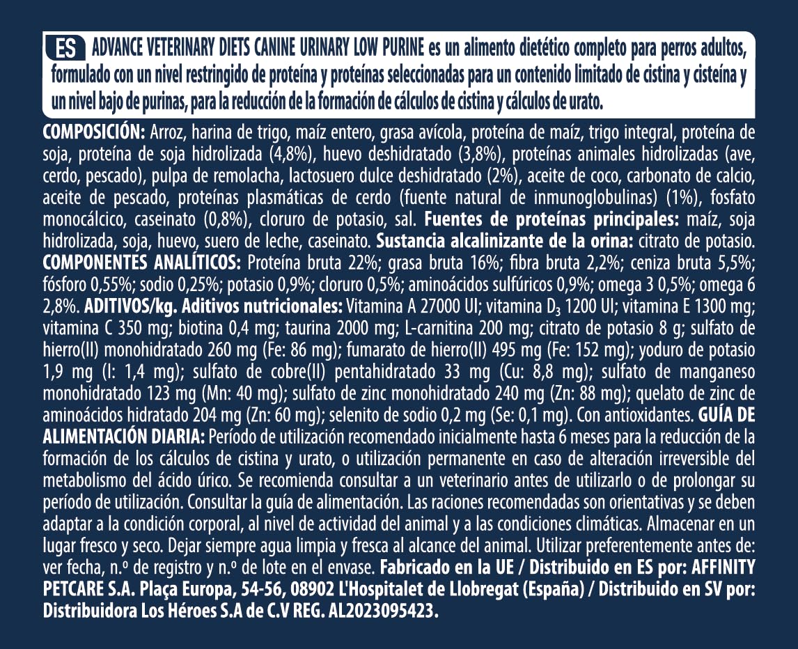 Advance Veterinary Diets Urinary Low Purine, Pienso para Perros con Leishmaniasis, 12kg
