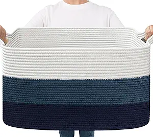 Goodpick Storaget Basket, 21.6" x 14.9" x 11.8", Toy Storage Baskets for Bedroom, Large Baskets for Organizing, Rectangle Woven Rope Basket for Blanket Storage, Blue