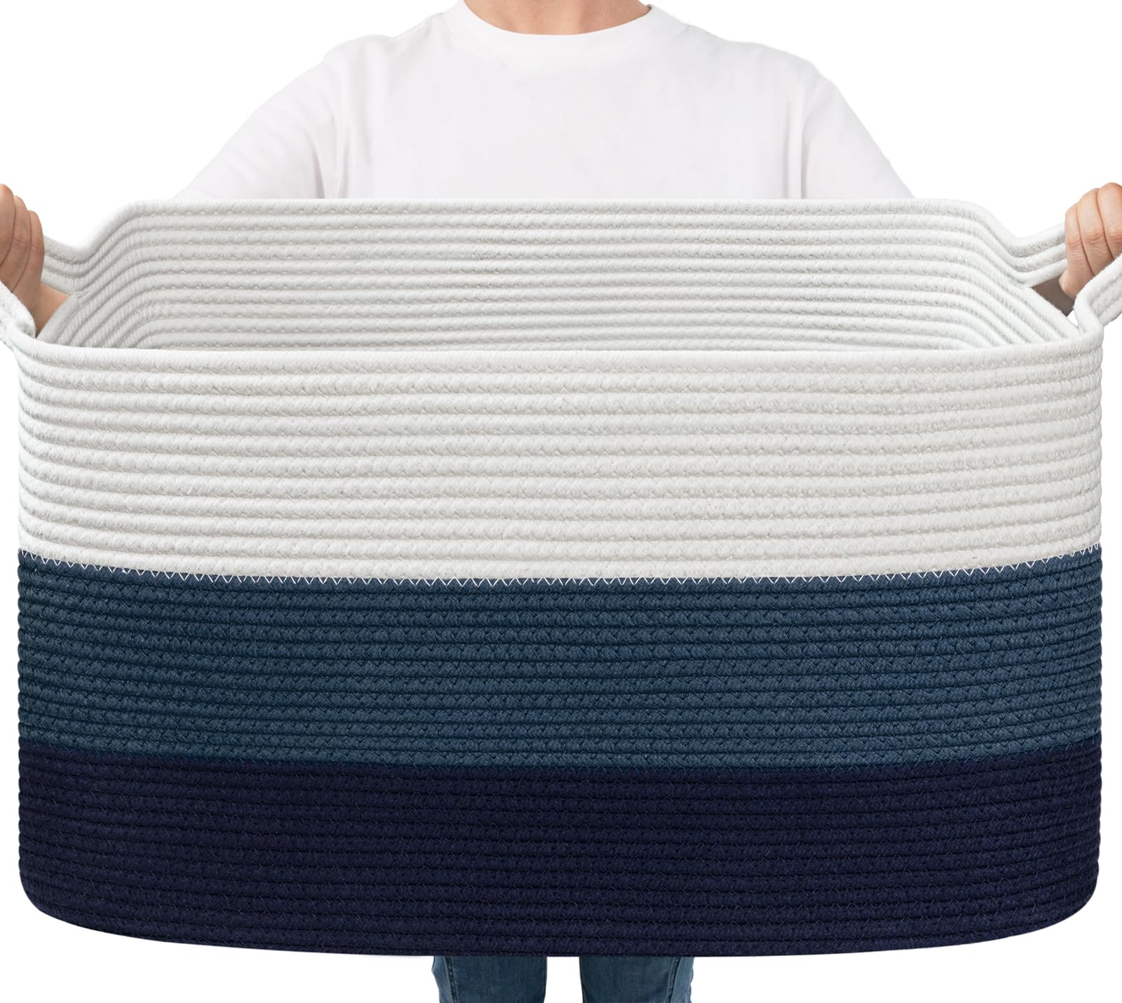 Goodpick Large Woven Rope Blanket Basket, Rectangle, Light Blue | 21.6'' x 14.9'' x 11.8'' Storage Basket for Toys, Books &amp; Blankets, Bedroom &amp; Nursery Organization, Reinforced Handles