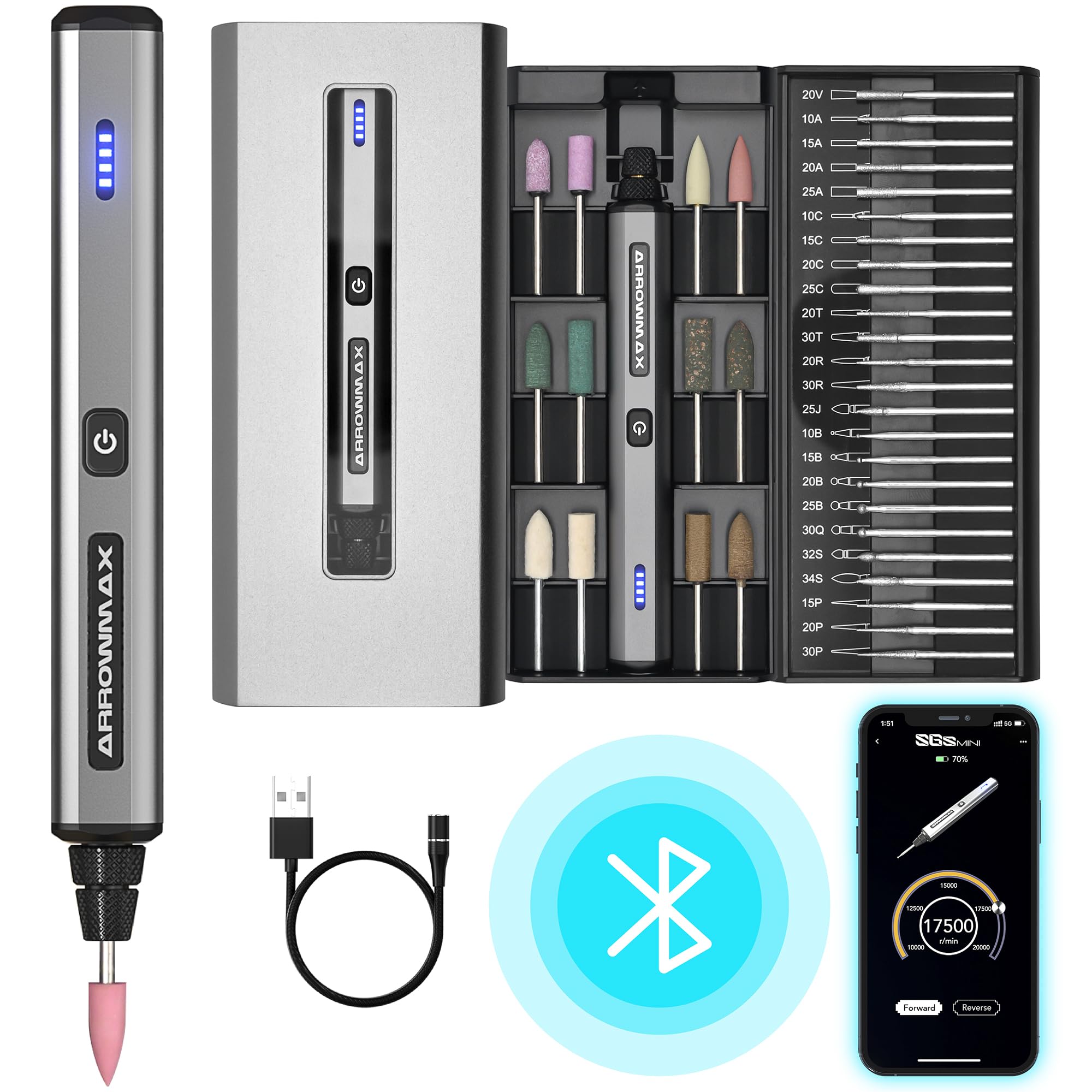 AM ARROWMAX Mini Engraving Pen, Cordless Rotary Tool with 36 Bits, Aluminum Case, Bluetooth, APP, Wireless Magnetic Charge, Engraving Tool for Jewelry, Wood, Glass, Carving (SGS MINI)