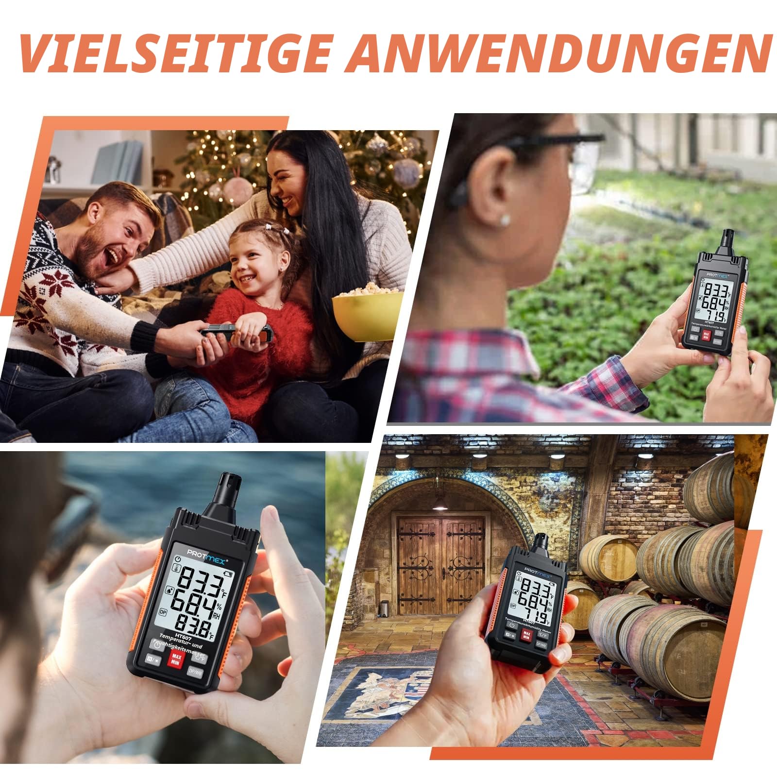 HT607 Temperatur-Feuchtigkeitsmessgerät Hochpräzisionsmessgerät mit Umgebungsluft, relativer Feuchte, Taupunkt, Feuchtkugelthermometer, Min/Max Hold, LCD-Hintergrundbeleuchtung