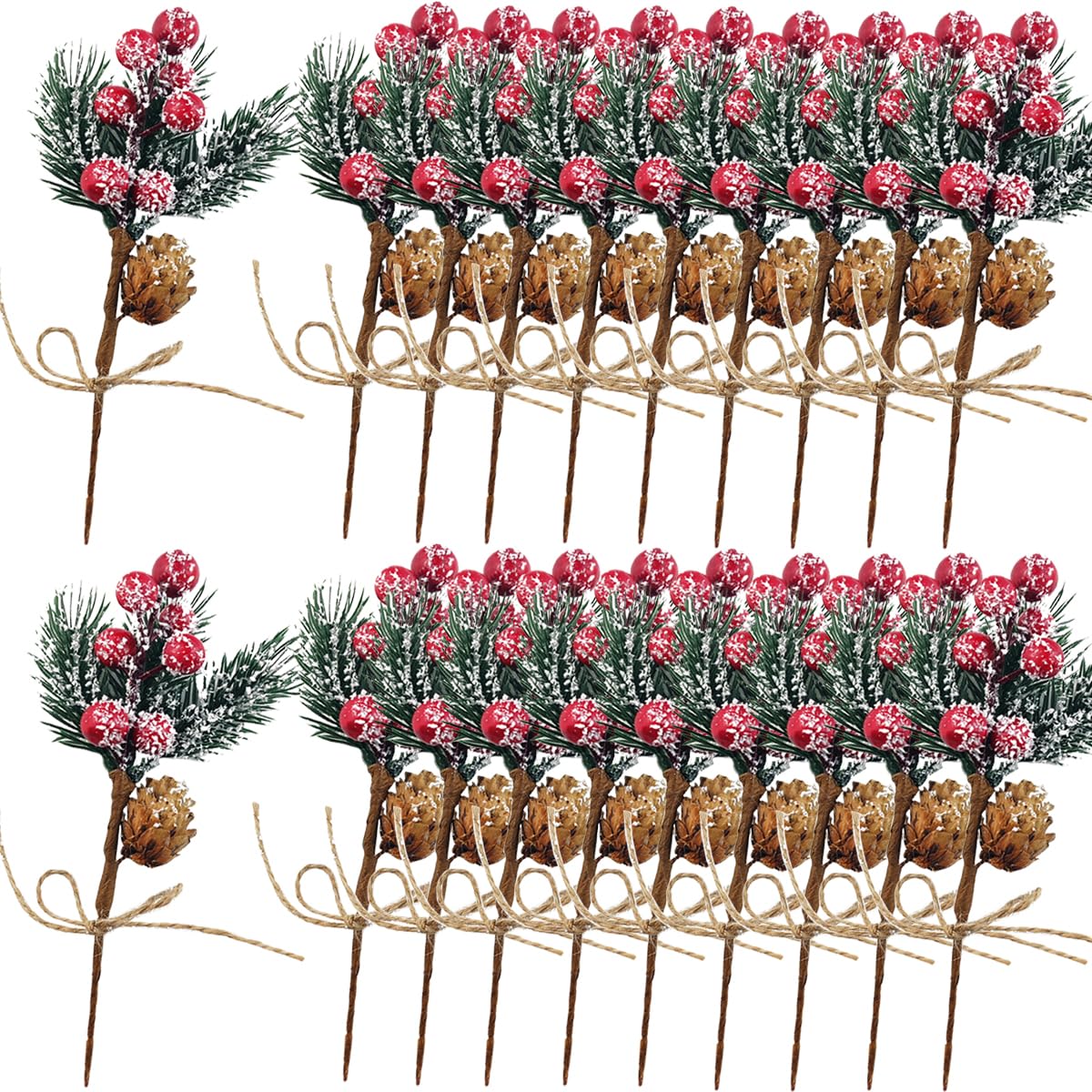 TIHOOD Künstliche Weihnachtsblumen-Plektren, 20,3 cm, rote künstliche Beeren-Plektren, Tannenzweige mit Tannenzapfen, Stechpalmenblätter für Vase, Blumenarrangement, Kranz, Winterferien, Dekoration,