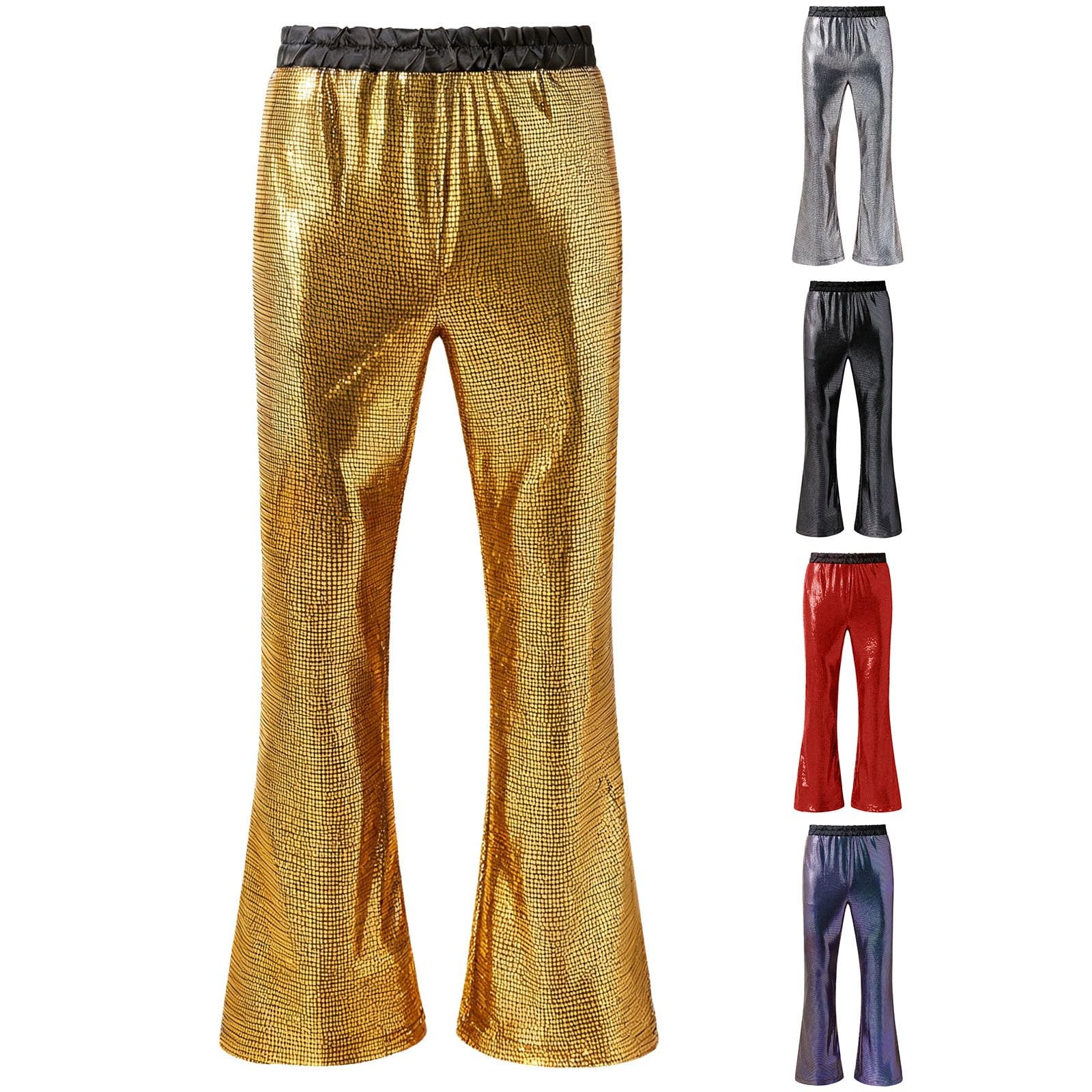 Genérico Pantalón de Jazz Pantalón de Baile Festivos Ropa de Club Nocturno Pantalones con Lentejuelas Pantalones Acampanados de Hombre Años 70 Atuendo Brillante Hippie Disco