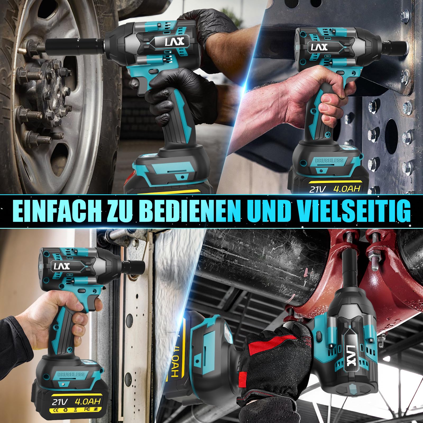 Schlagschrauber Akku 1000Nm für Makita 18V Batterie mit Bürstenloser | 3000RPM 1/2 Zoll Schrauber, mit 2pcs 21V 4,0Ah Akku, 6 Schlagbuchsen für Schraube und Mutter Auto LKW Reifen Removal