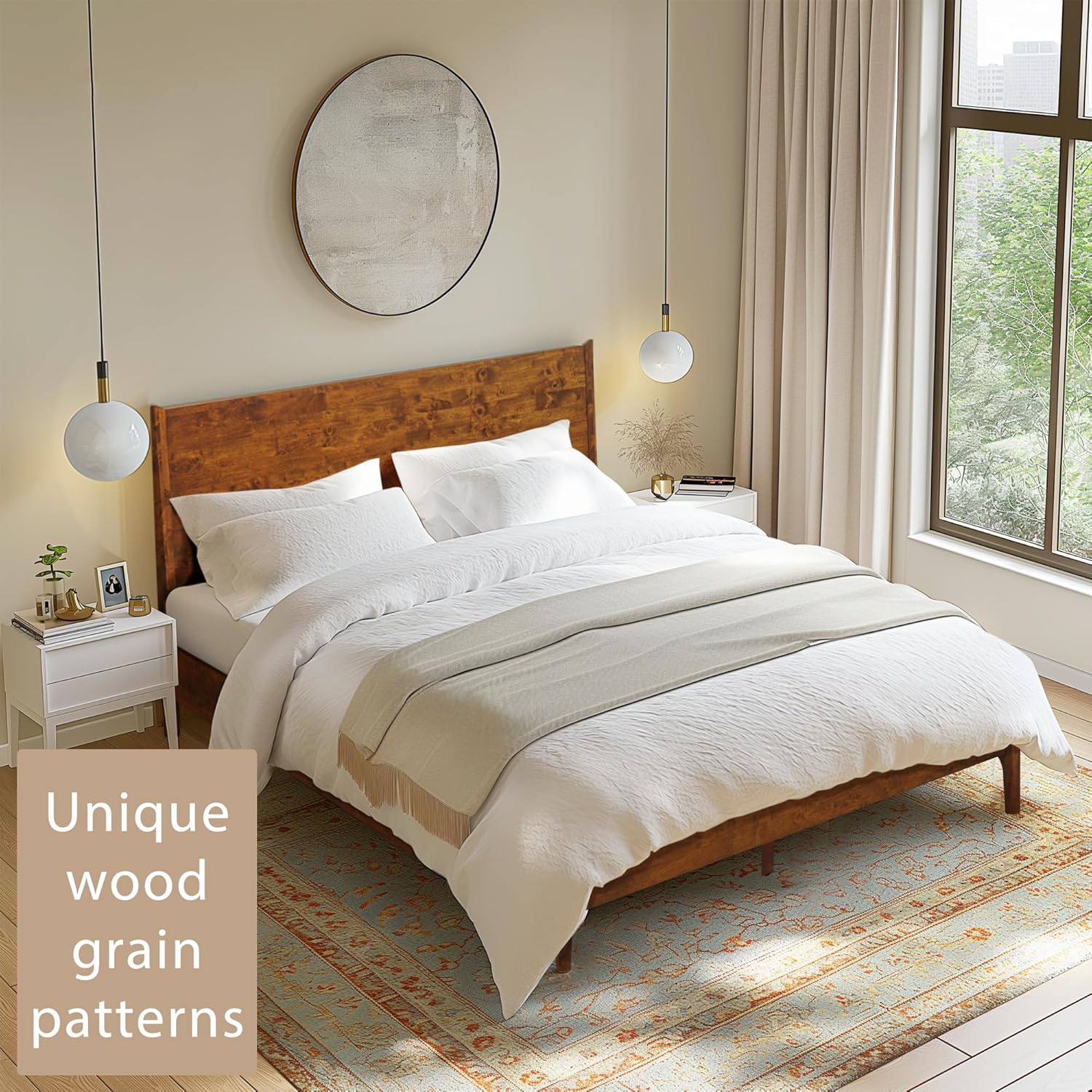 Acacia Haven Queen Bed Frame and Headboard, Platform Bed Frame Scandinavian Wood Bed Compatible with All Mattress Types, Wood Slats Support 800lbs Capacity, Quick & Easy Assembly, Walnut.