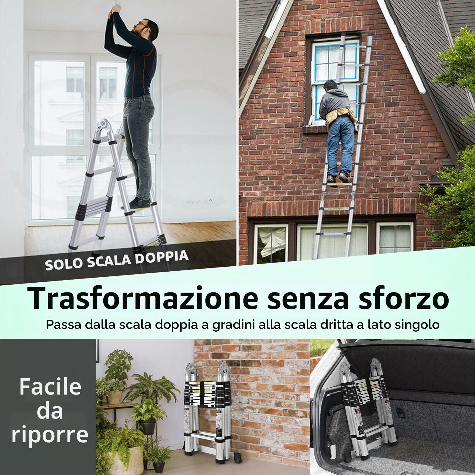 Nictemaw Scala pieghevole multiuso 2 in 1, scala telescopica da 5 m, in alluminio, portata 150 kg, 16 pioli