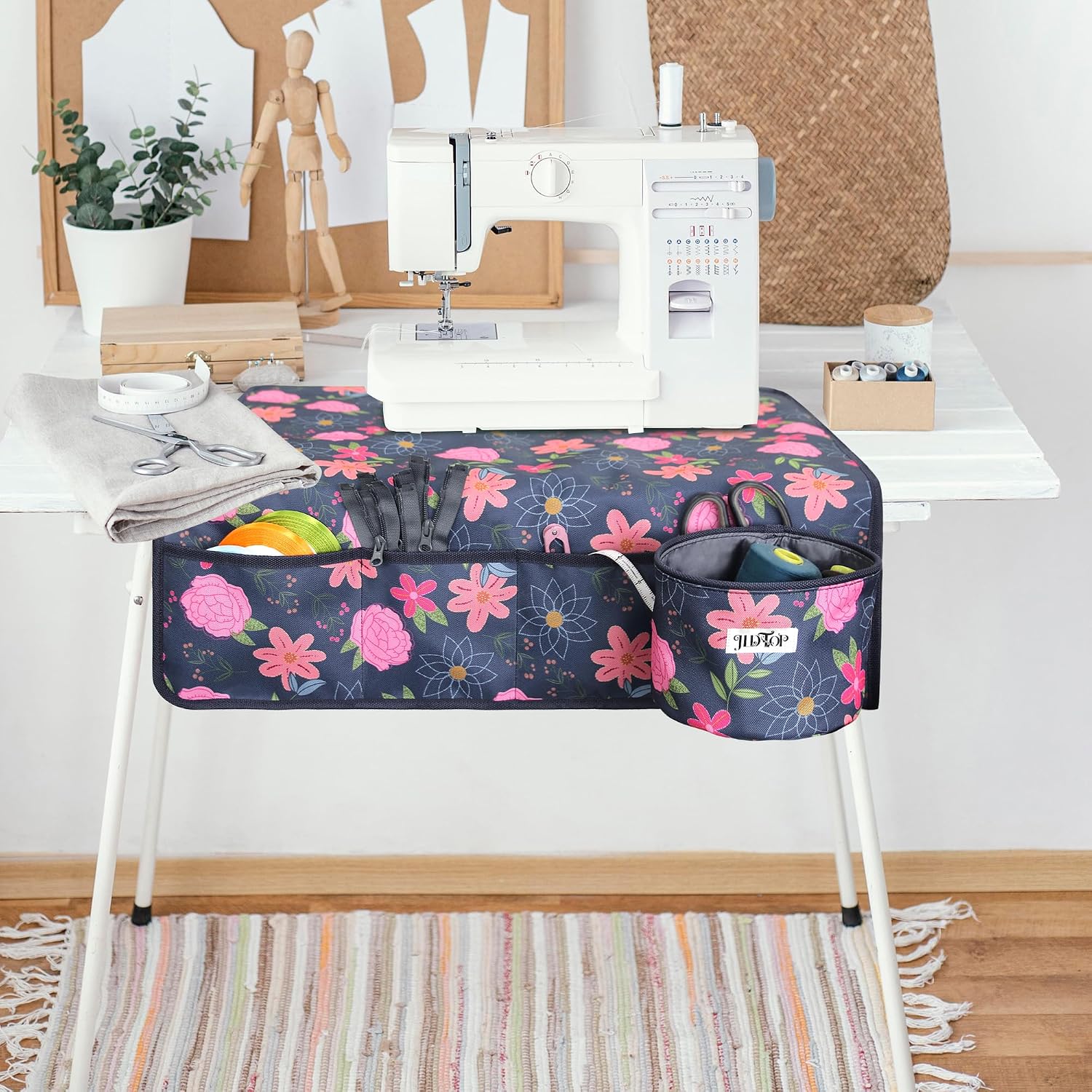 Sewing Machine Pad for Table with Pockets, Non-Slip Waterproof Anti-Vibration Mat, 23.6”x23.6” Sewing Organizer with Storage Bucket & Removable Bag (Blue Floral)