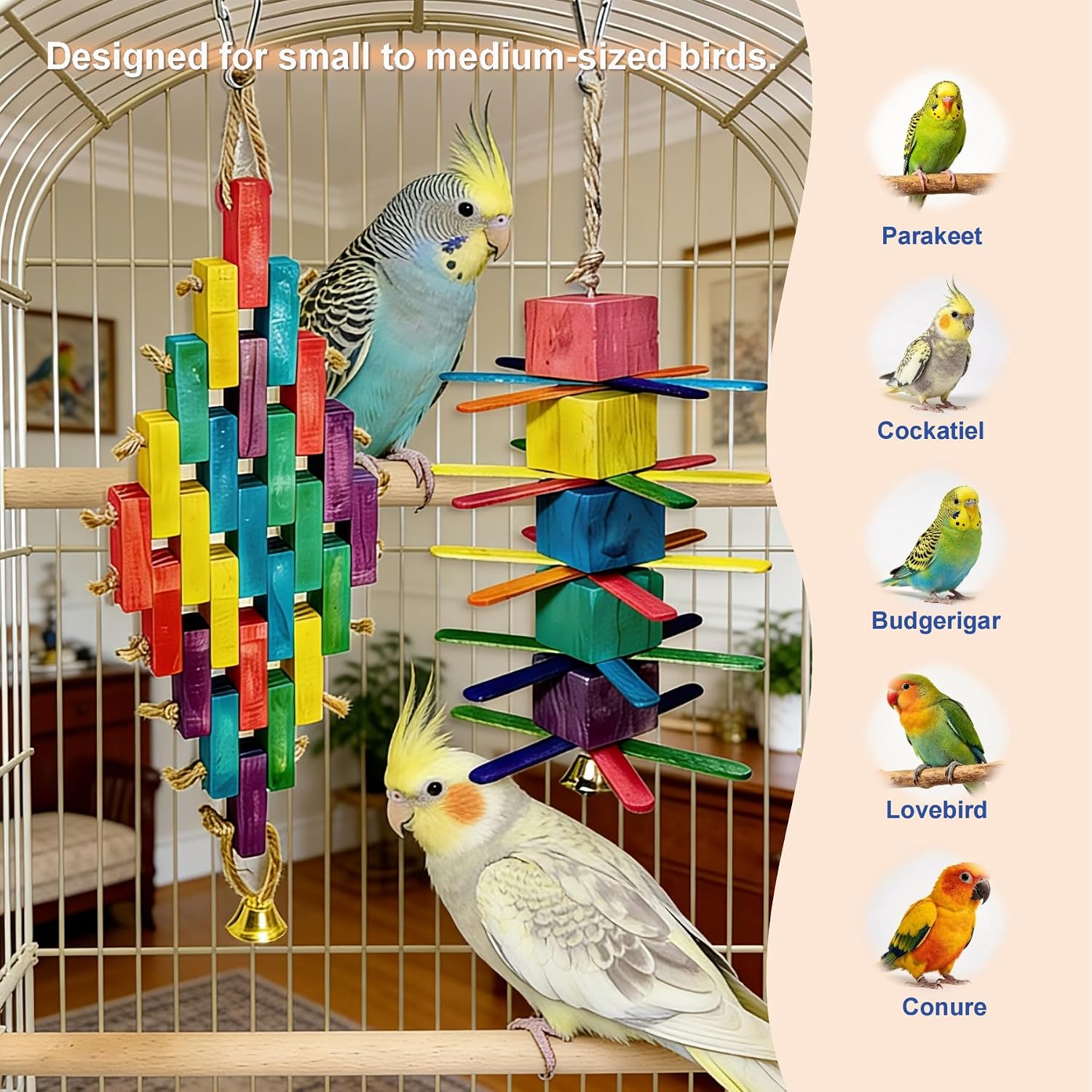 Parrot Chew Toys 2Pcs Natural Colorful Wood Blocks for Small Medium Birds