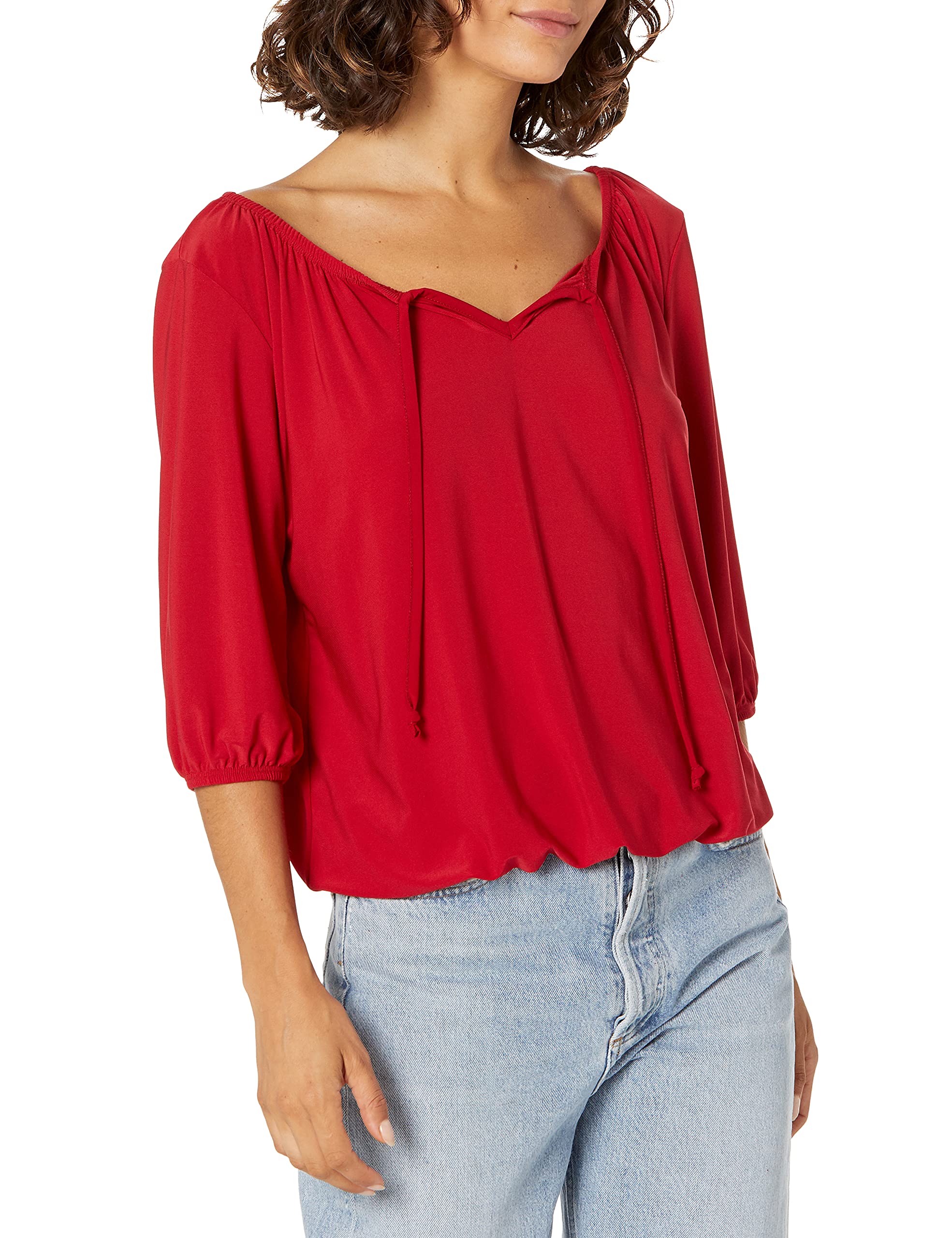 Star Vixen Women's Petite 3/4 Sleeve Peasant Elastic-Hem Keyhole-Tie Top, red, PS