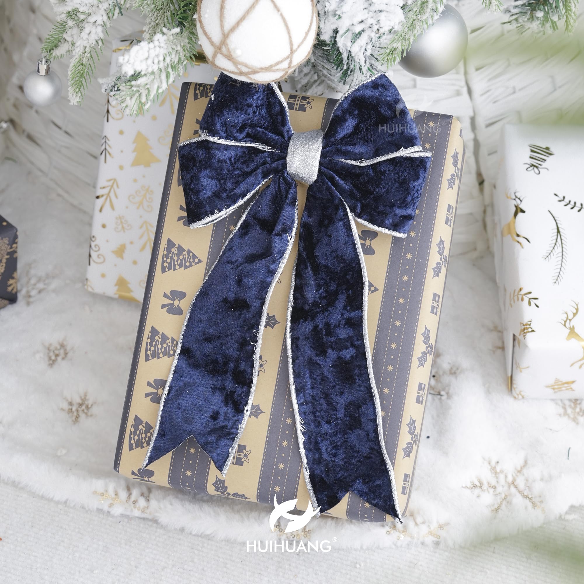 HUIHUANG Navy Blue Wired Ribbon For Christmas Tree Blue And Gold Christmas Ribbon Wired Navy Ribbons For Bows Wreaths Garlands