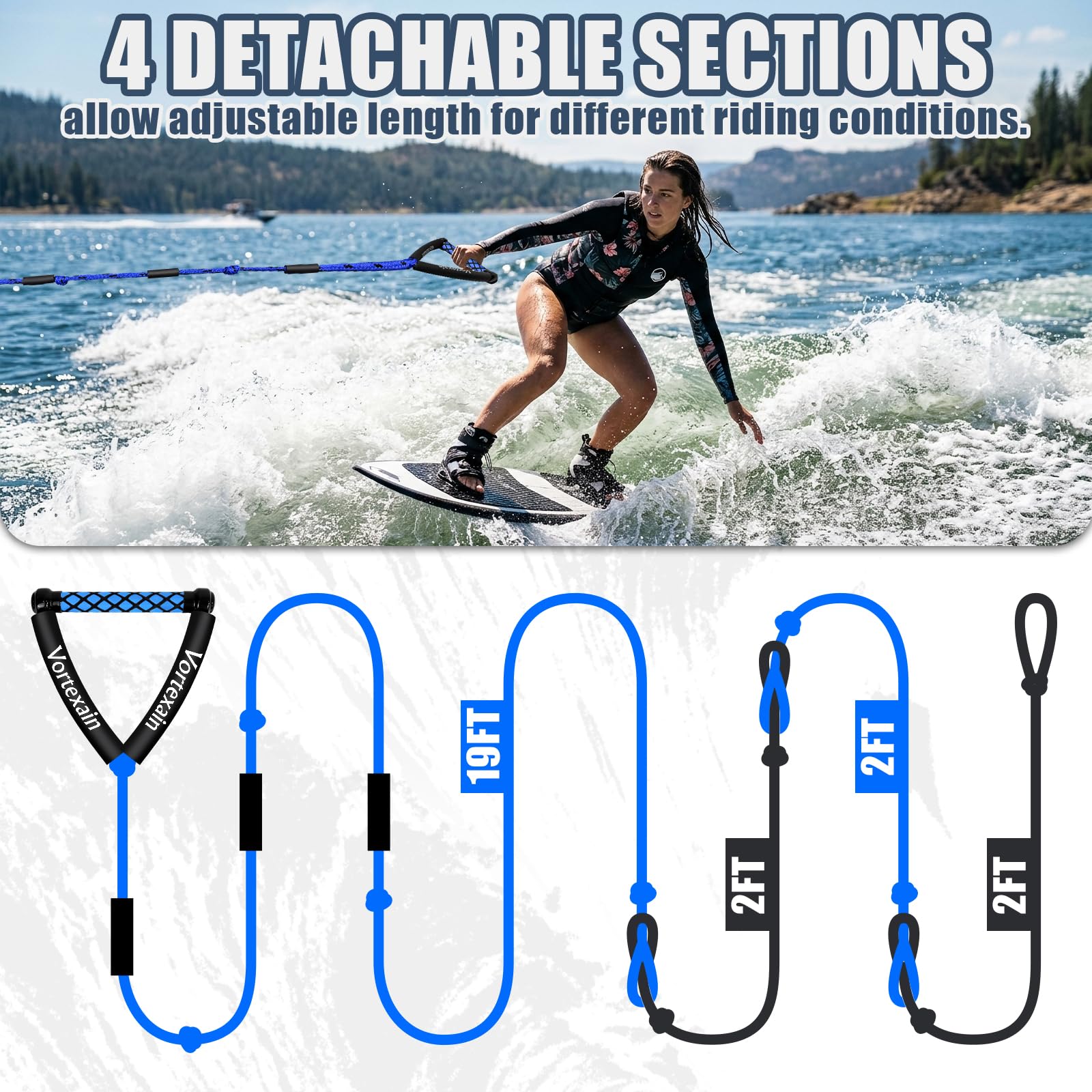 Wakesurfseil mit Griff, 7,6 m Leinen für Wakeboarden Wasserski und Wakesurfen