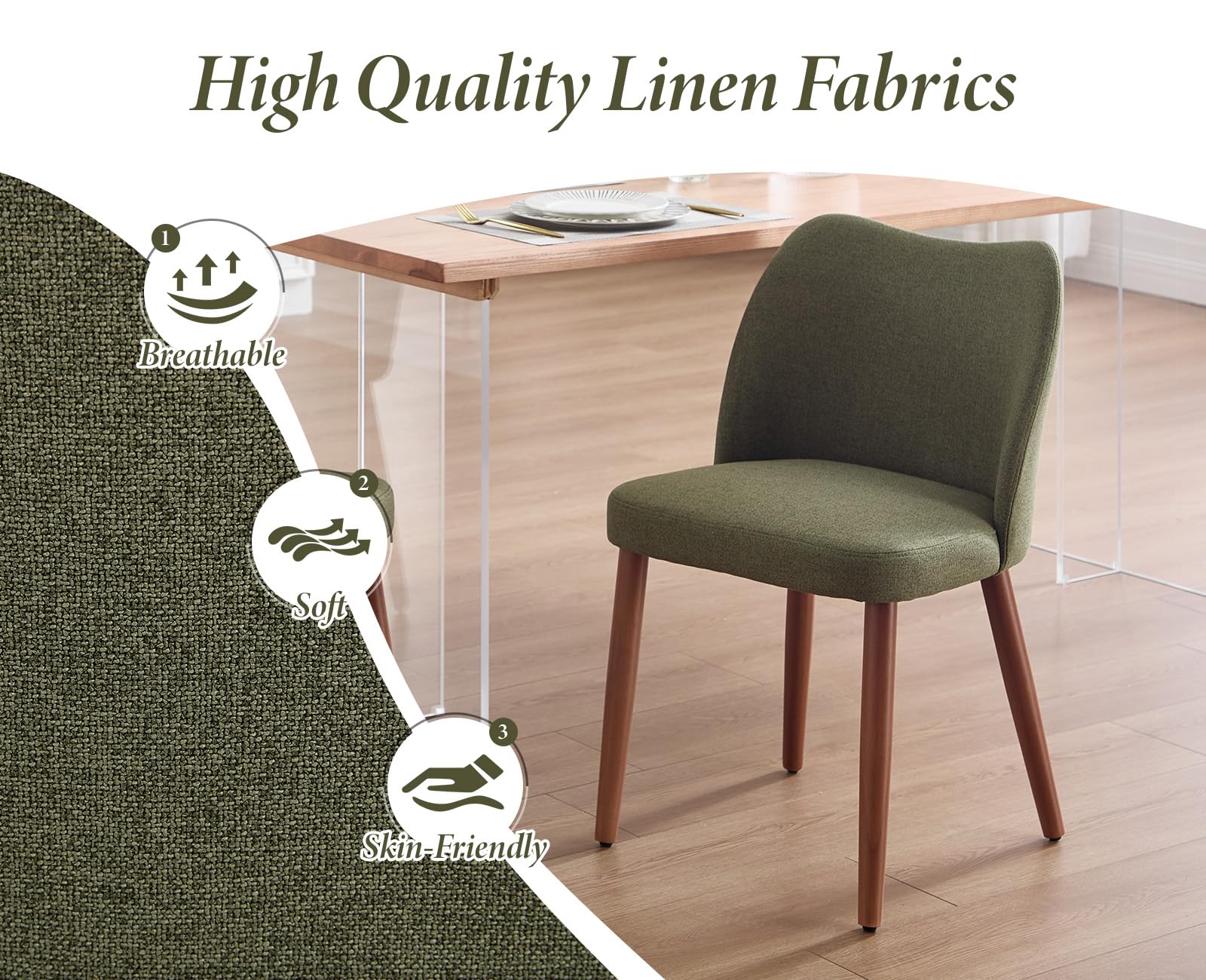 chairus 2 PZ Sedie da Pranzo in Tessuto di Lino con Gambe in Legno, Verde | Sedia Cucina con Schienale Curvo Sedia Imbottita Sedie Moderna per Sala da Pranzo/Soggiorno/Ristorante