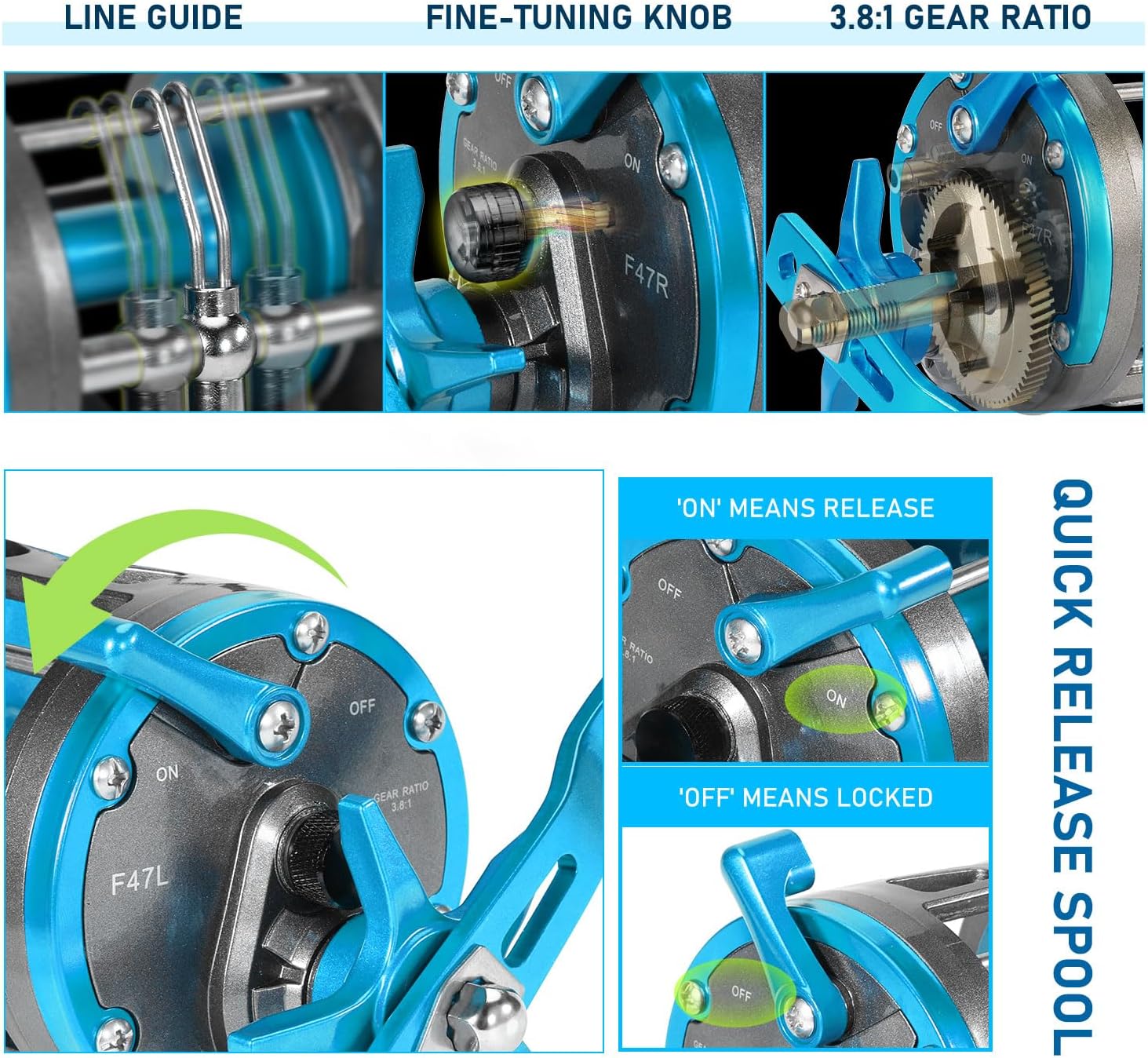 Sougayilang F47 Baitcasting Fishing Reel - Reinforced Metal Body Round Baitcaster for Smooth Powerful Saltwater Inshore Surf Trolling - Conventional Reel for Catfish, Musky, Bass, Pike