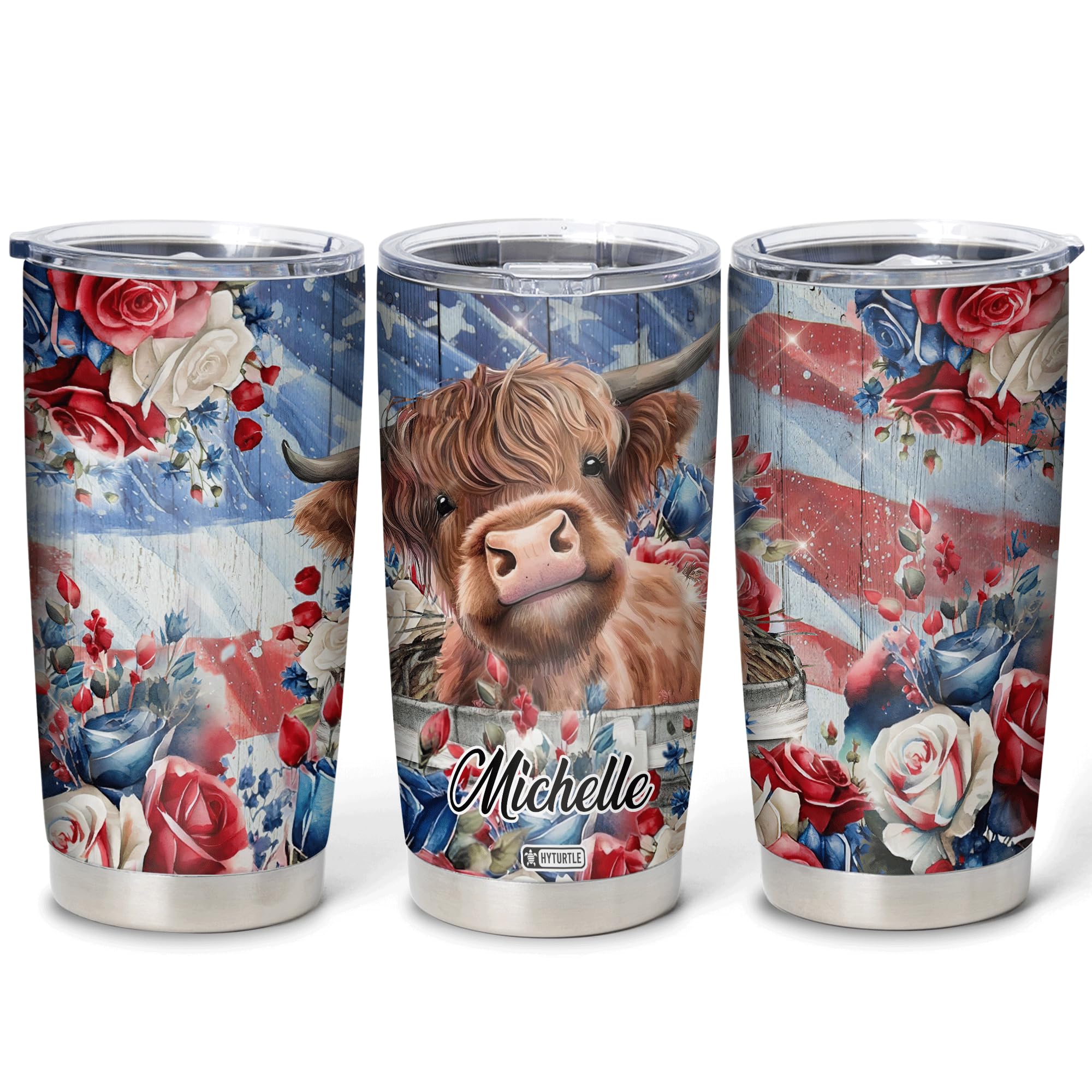 Hyturtle Personalized Gifts For Highland Cow Lover - American Flag Highland Cow Stainless Steel Tumbler 20oz With Lid - Idea Farm Animals Lover Gifts For Women, Girl On Christmas, Independence Day